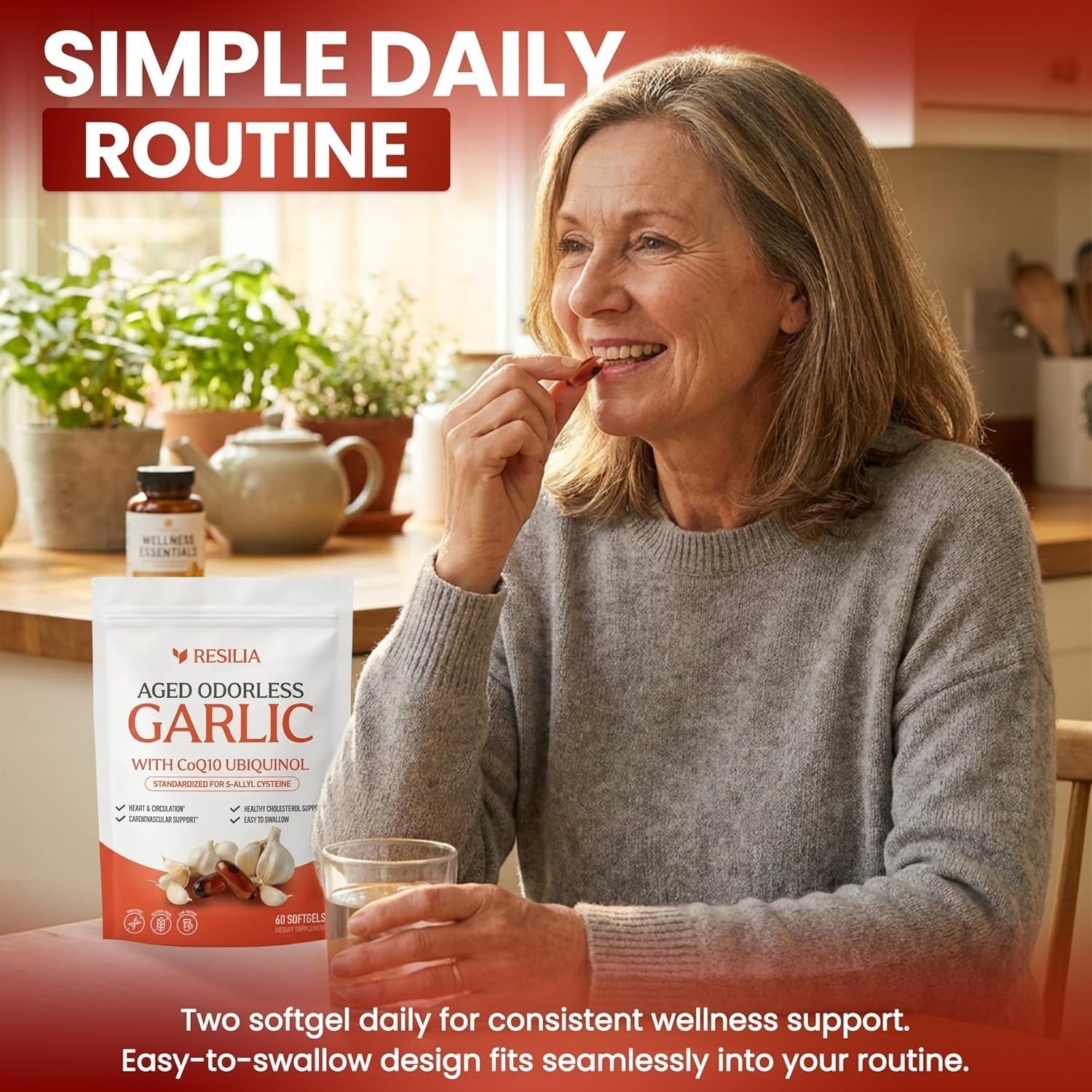 Resilia Garlic Extract 1200mg 60 Count Softgels – Odorless Aged Garlic Extra..