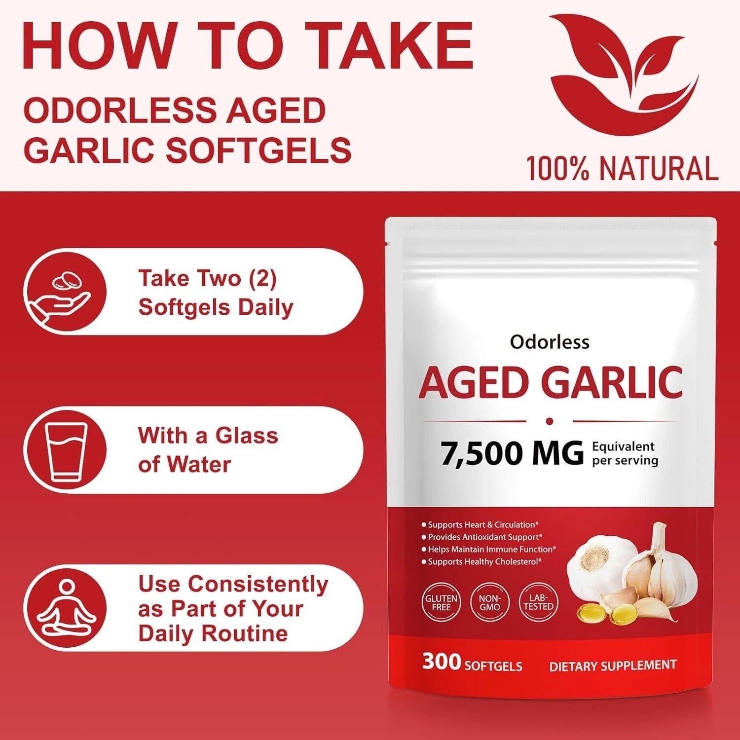 Odorless Garlic 7500Mg per Servings, 300 Softgels | 2 Years Aged Garlic Extra..