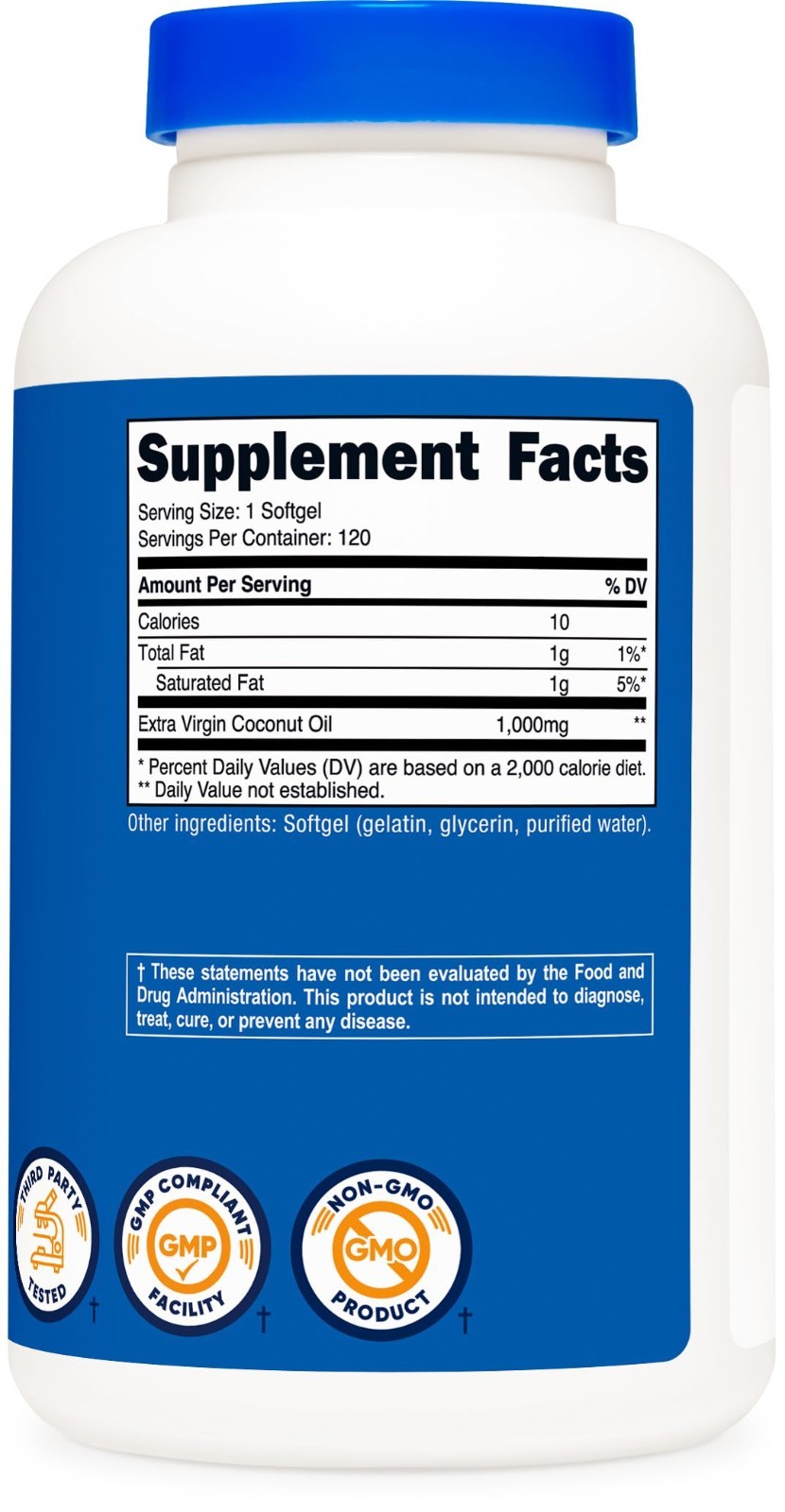 Coconut Oil Softgels 1000mg – Extra Virgin, Gluten-Free, Non-GMO, 120 Count