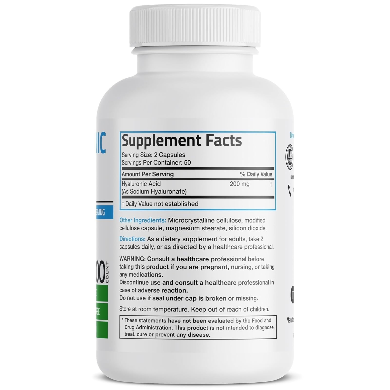 Bronson Hyaluronic Acid 200 MG – Joint & Skin Support – 100 Vegetarian Capsules