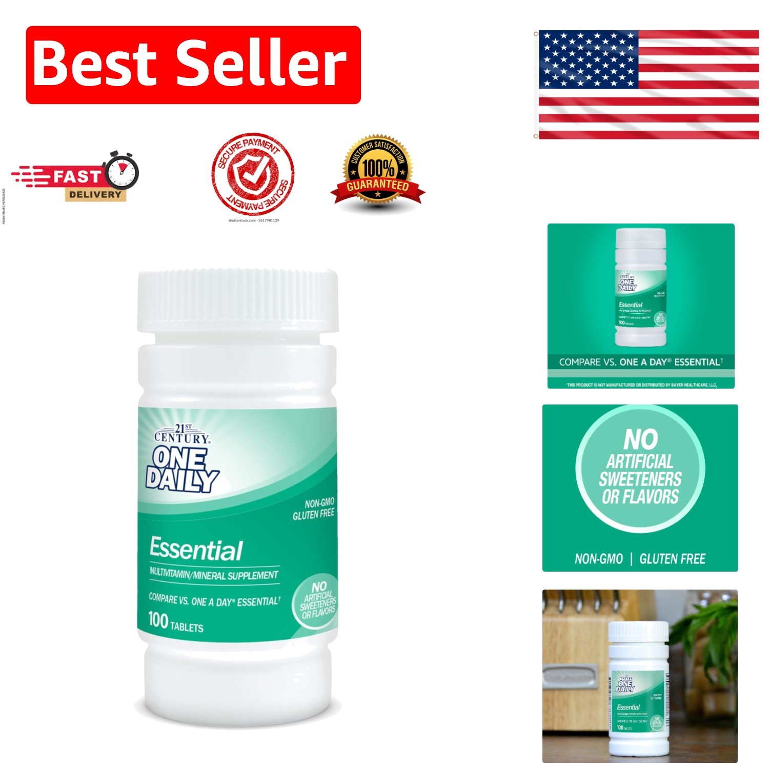 Daily Essential Multivitamin Tablets – 100 Count, Gluten-Free & Easy to Swallow