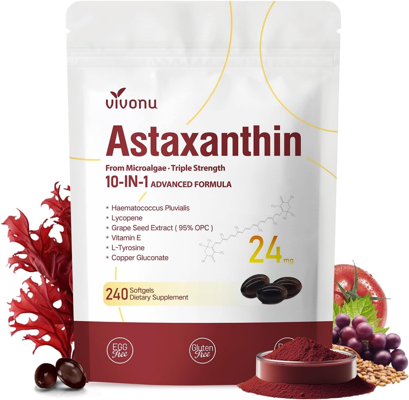 10 in 1 Astaxanthin Supplements 24Mg, 4 Month Supply, Astaxantina Antioxidant fr