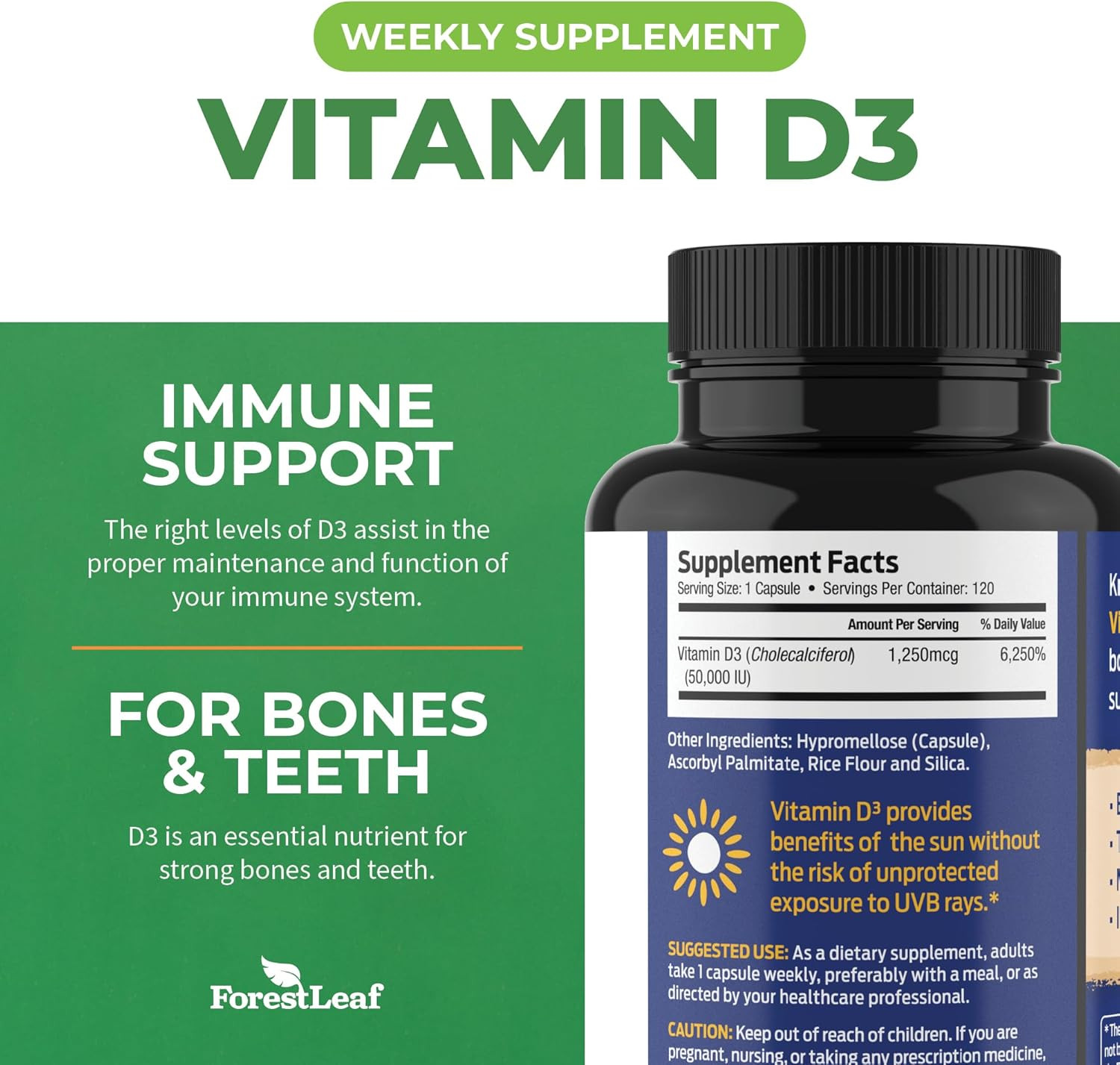 Vitamin D3 50000 IU – Bone Health and Immune Support – Small Easy to Swallow Cap