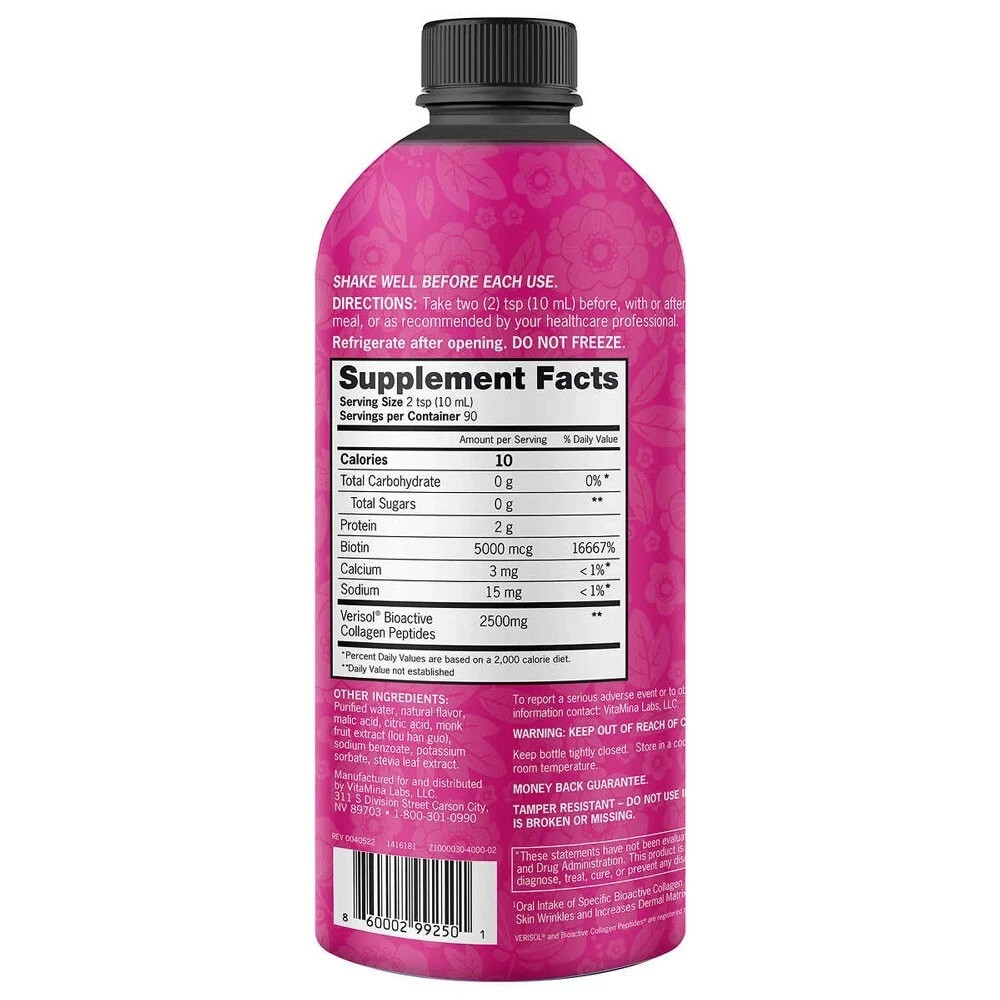 Zena Bioactive Liquid Collagen 2500mg + 5000mcg Biotin 90 Servings Exp: 05/26