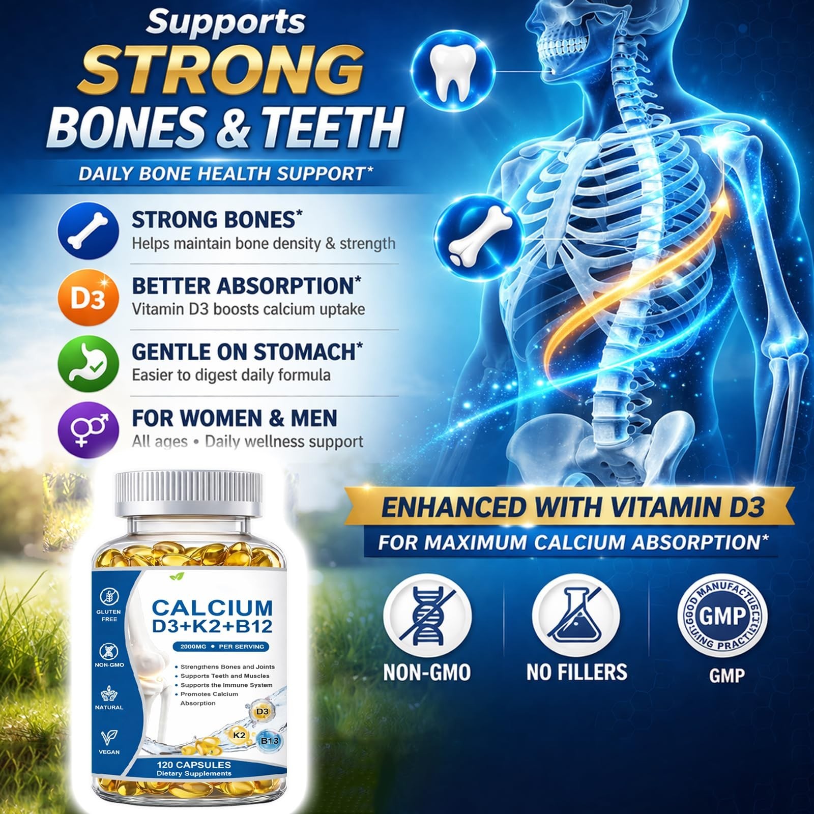 Calcium D3 K2 B12 Softgels 2000mg – Strengthen Bones & Teeth, Boost Energy, Non-