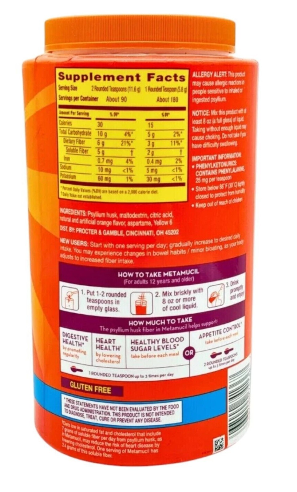 Metamucil Psyllium Husk Powder, Orange Flavor 180 Teaspoons Sugar Free 10/26+