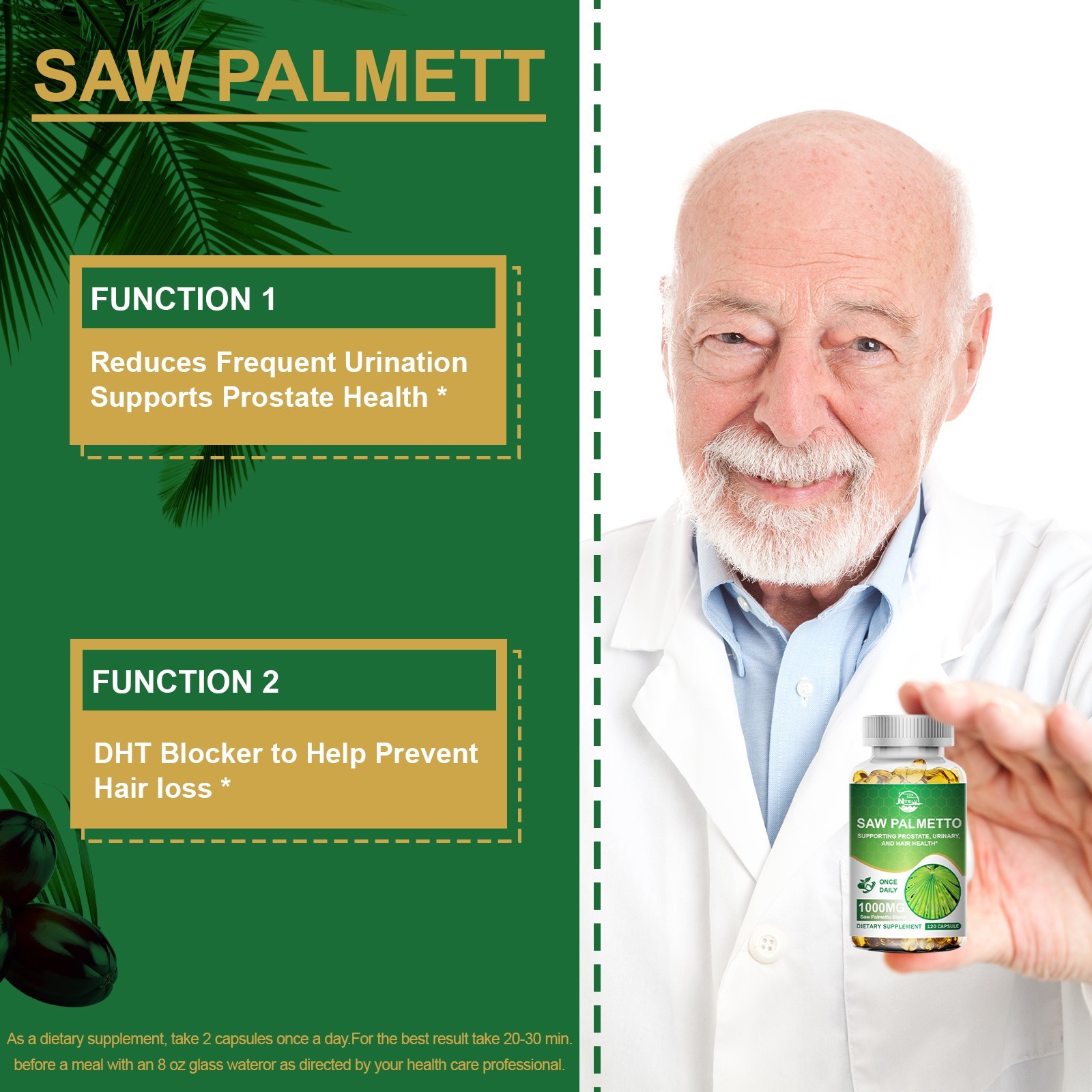 Saw Palmetto 1000mg 120 Capsules Men’s Wellness Dietary Supplement