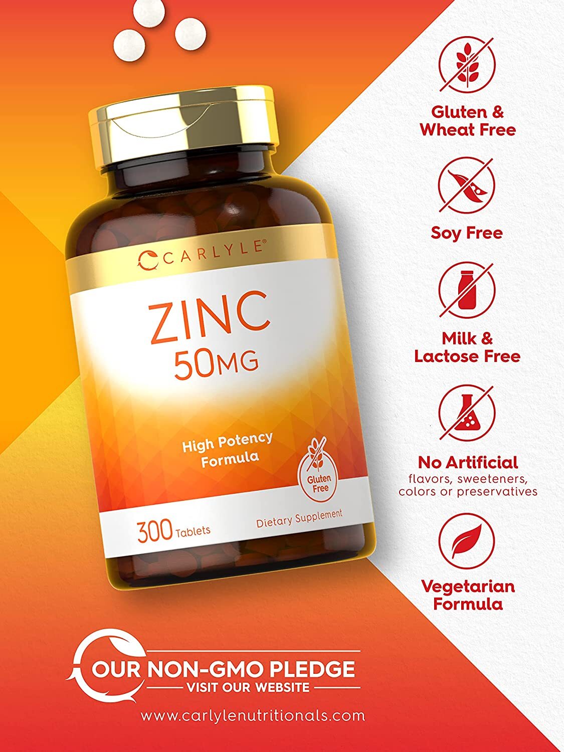 Zinc 50mg | 300 Tablets | Vegetarian | Non-GMO & Gluten Free | by Carlyle