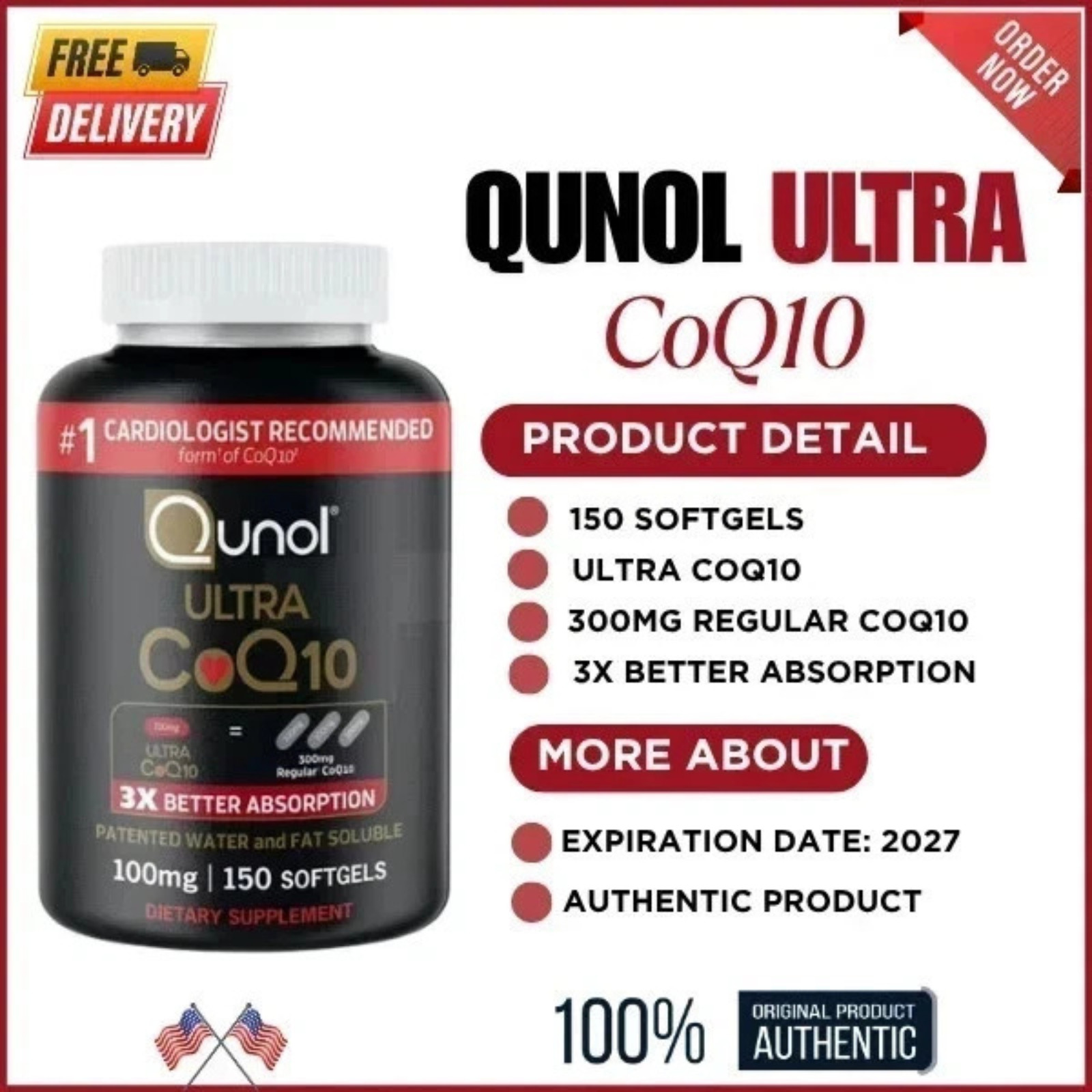 Pack of 2 QUNOL ULTRA COQ10 100mg – 300 SoftGels New & Sealed Exp. 12/2028