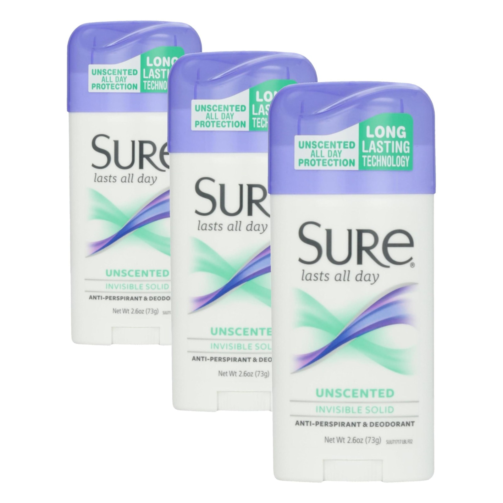 Sure Deodorant Invisible Solid,Unscented – 2.6 Ounce (Pack of 3), Clear