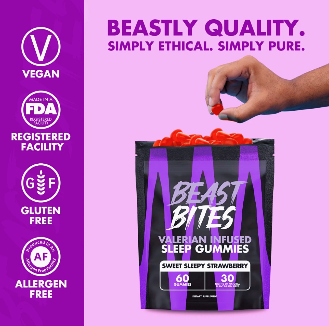 Beast Bites Sleep Gummies Valerian Infused Strawberry Natural Sleep Aid 60 Count