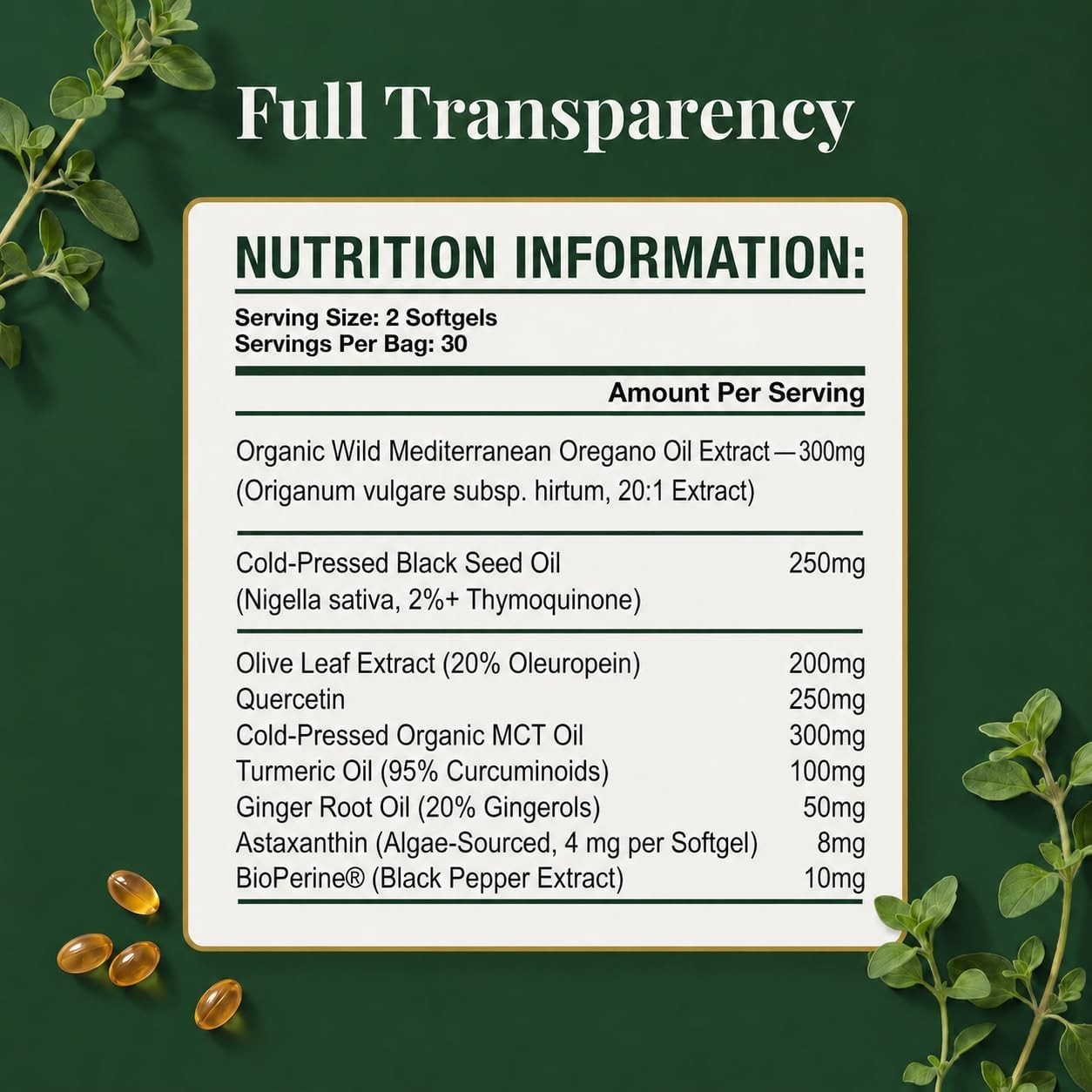 PURETREX Wild Oregano Oil Black Seed Oil 300 Softgels Vegan Supplement