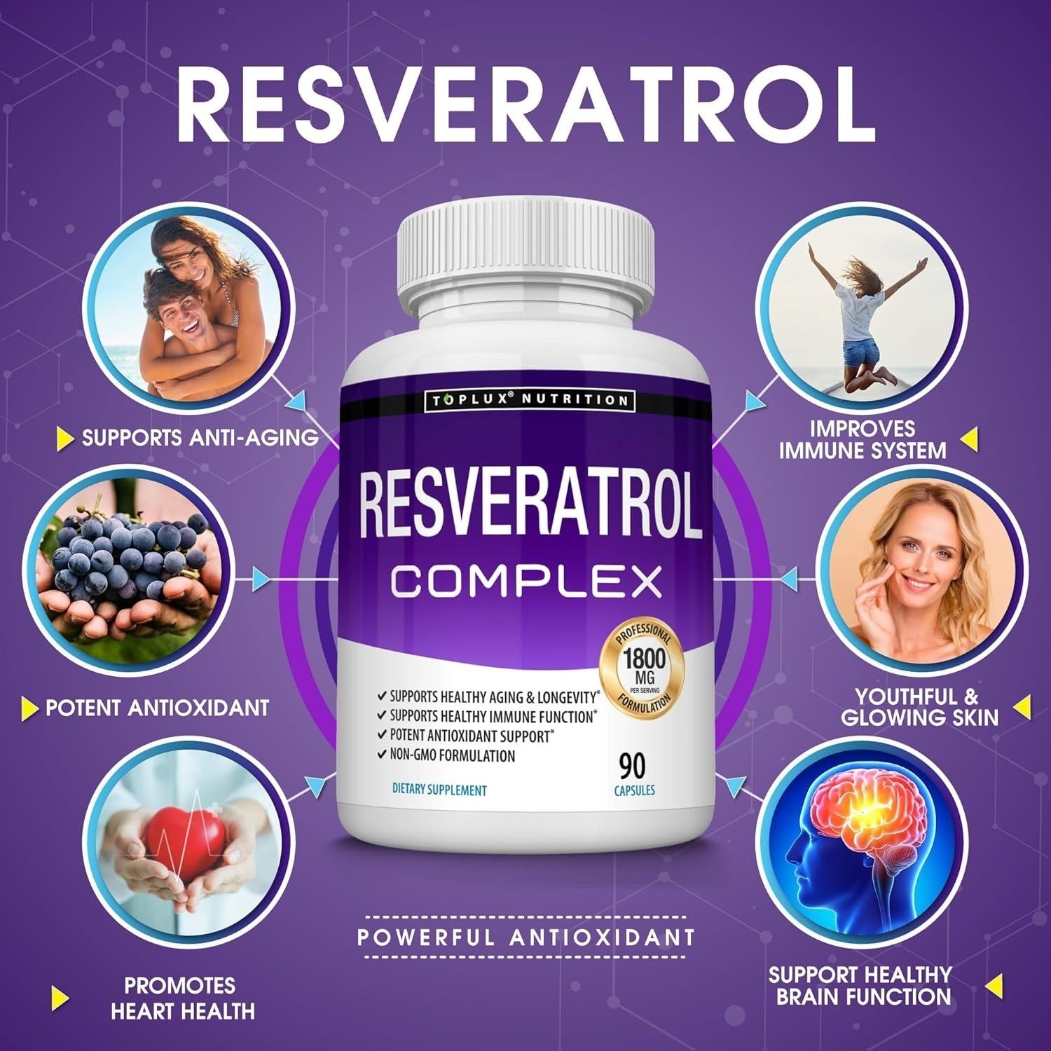 Resveratrol 1800mg Antioxidant Complex, Anti Aging, 90 Capsules
