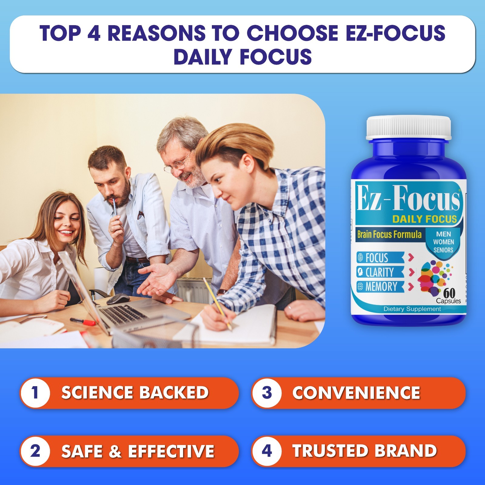 Adult Vitamin Brain Boost Nootropics for Focus Memory Clarity Sharp Mind 60Caps