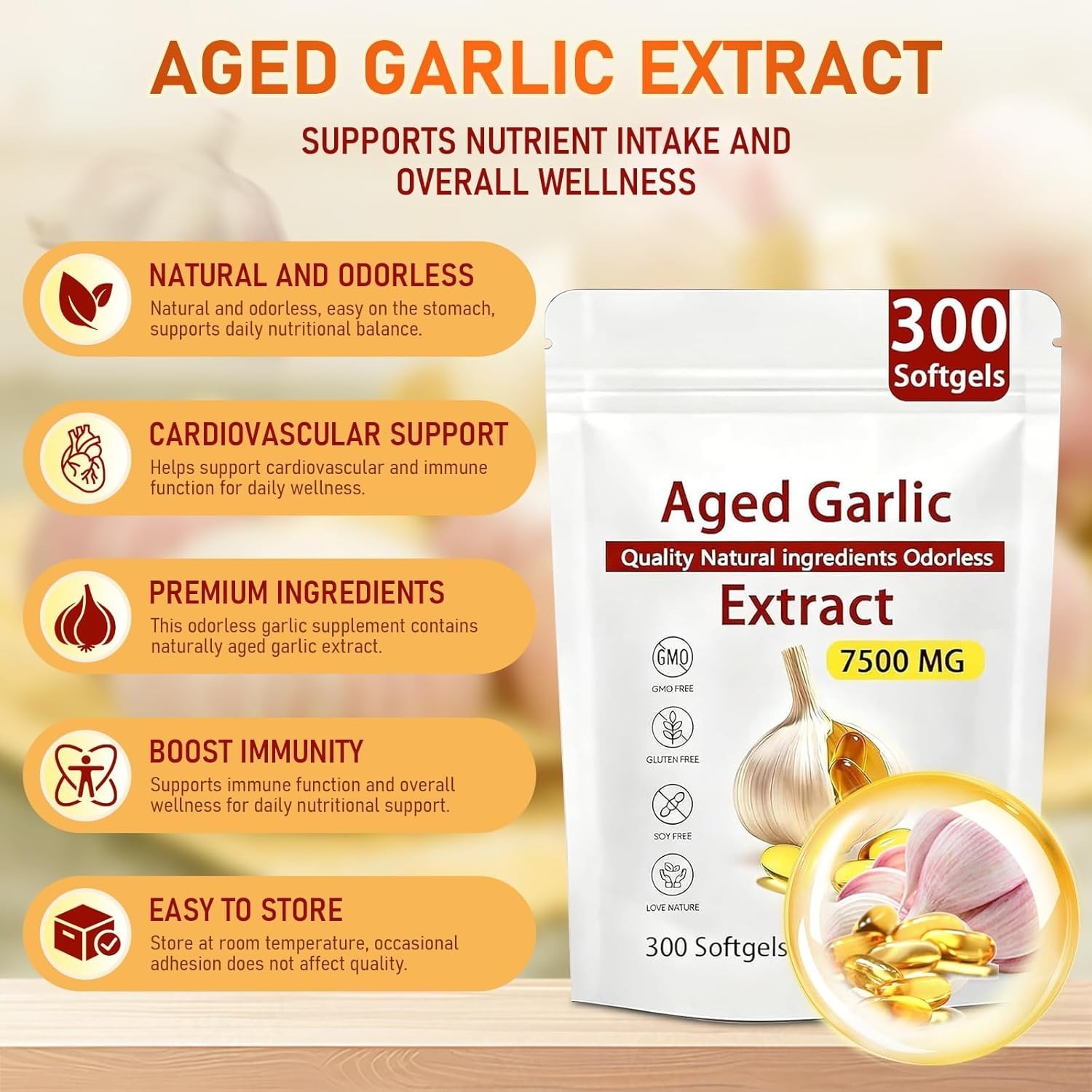 Odorless Garlic 7500mg Per Servings, 300 Softgels | 2 Years Aged Garlic Extra…