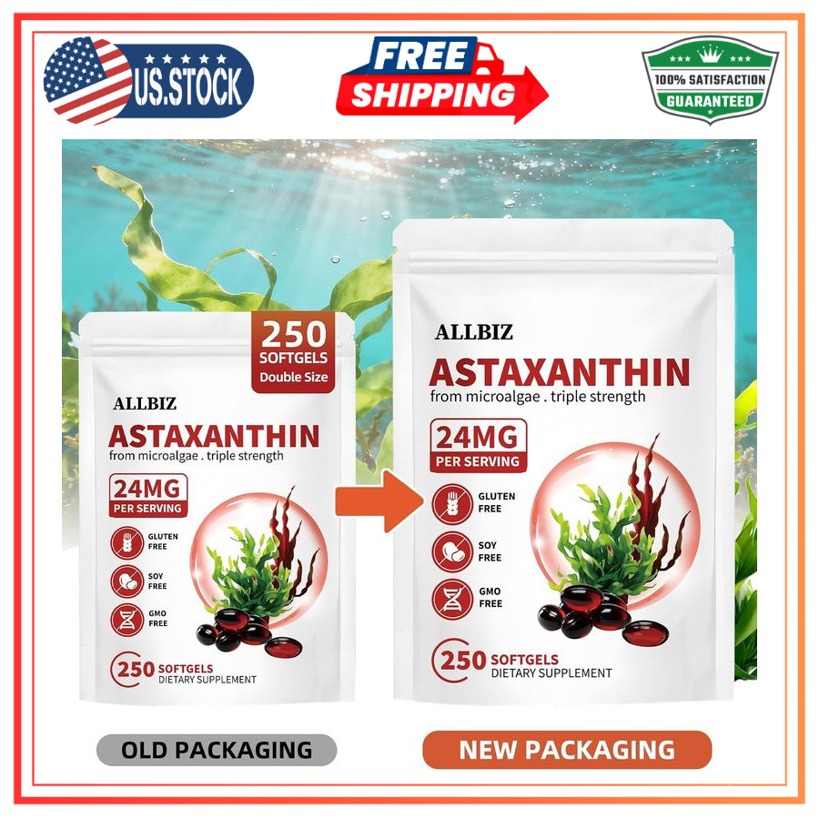 ALLBIZ Astaxanthin 24mg 250 Softgels Antioxidant Eye Skin Brain Liver Support