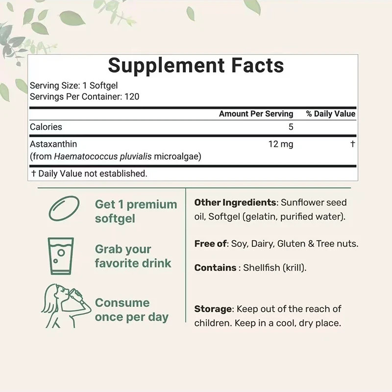 Astaxanthin 12mg Antioxidant Supplements Fresh Microalgae Eye Joint Skin Wellnes