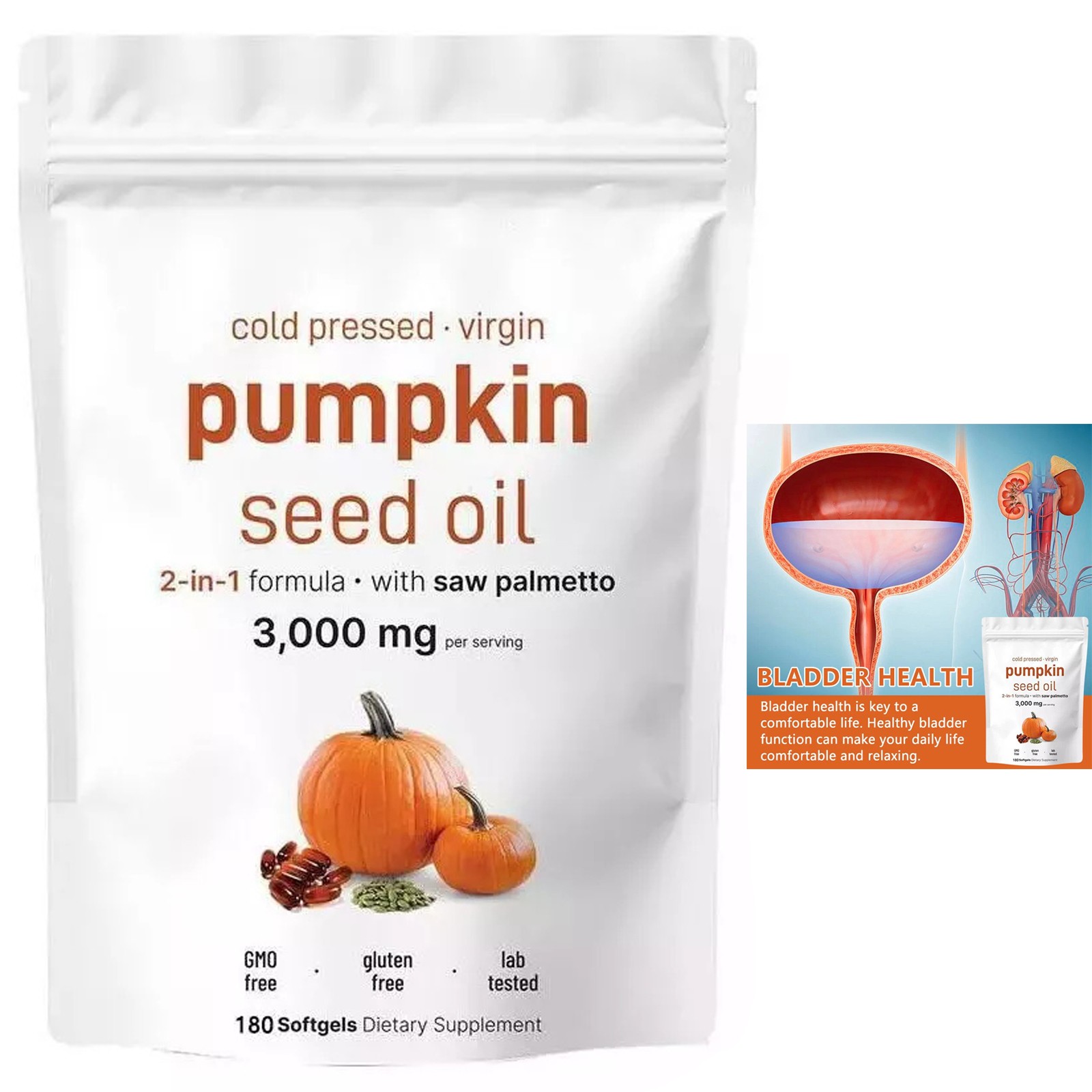 Seed Pumpkin Oil Saw Palmetto 3000 mg Support Bladder Prostate Skin Health,3Pack