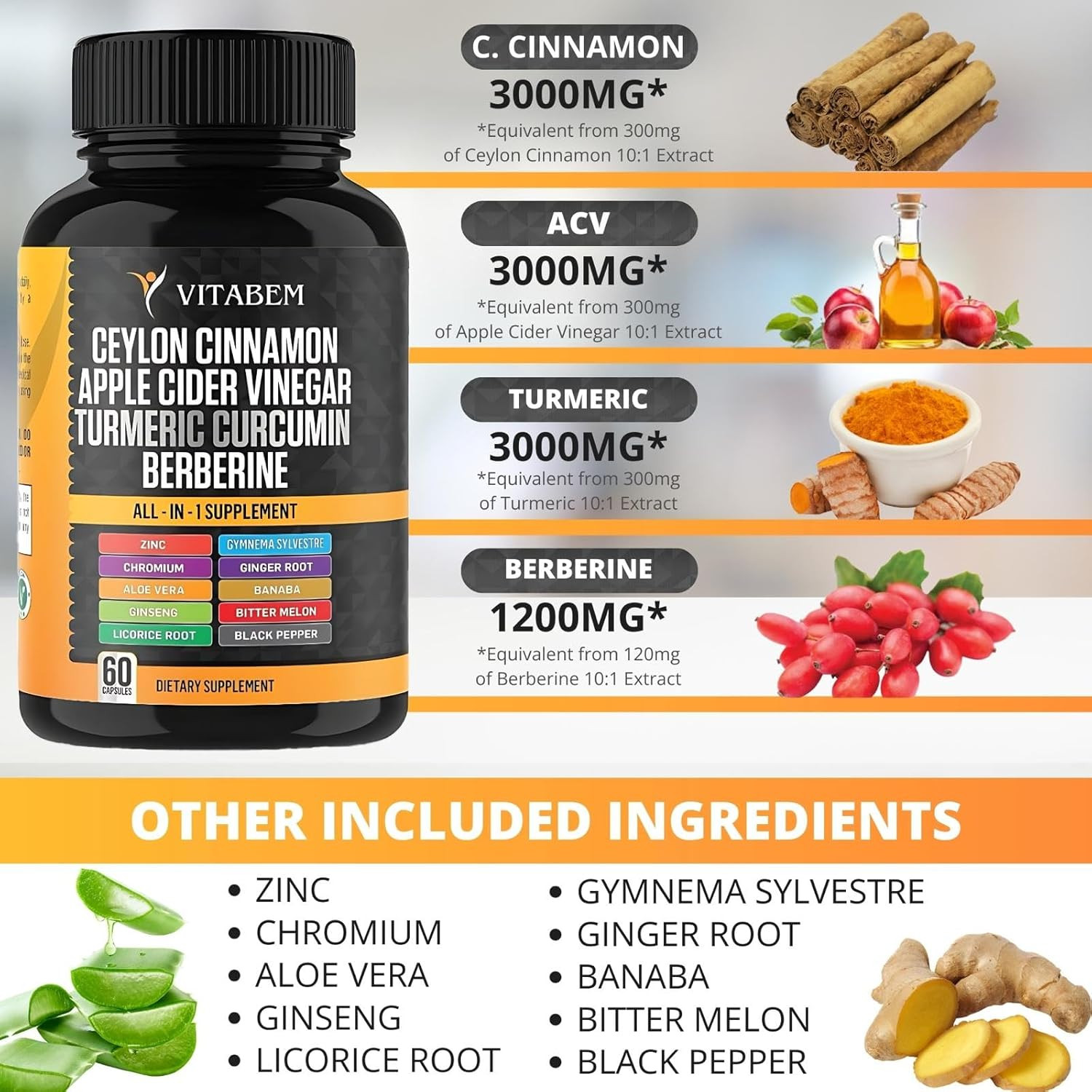 Ceylon Cinnamon Capsules 3000Mg Turmeric 3000Mg Apple Cider Vinegar 3000 Mg Gins
