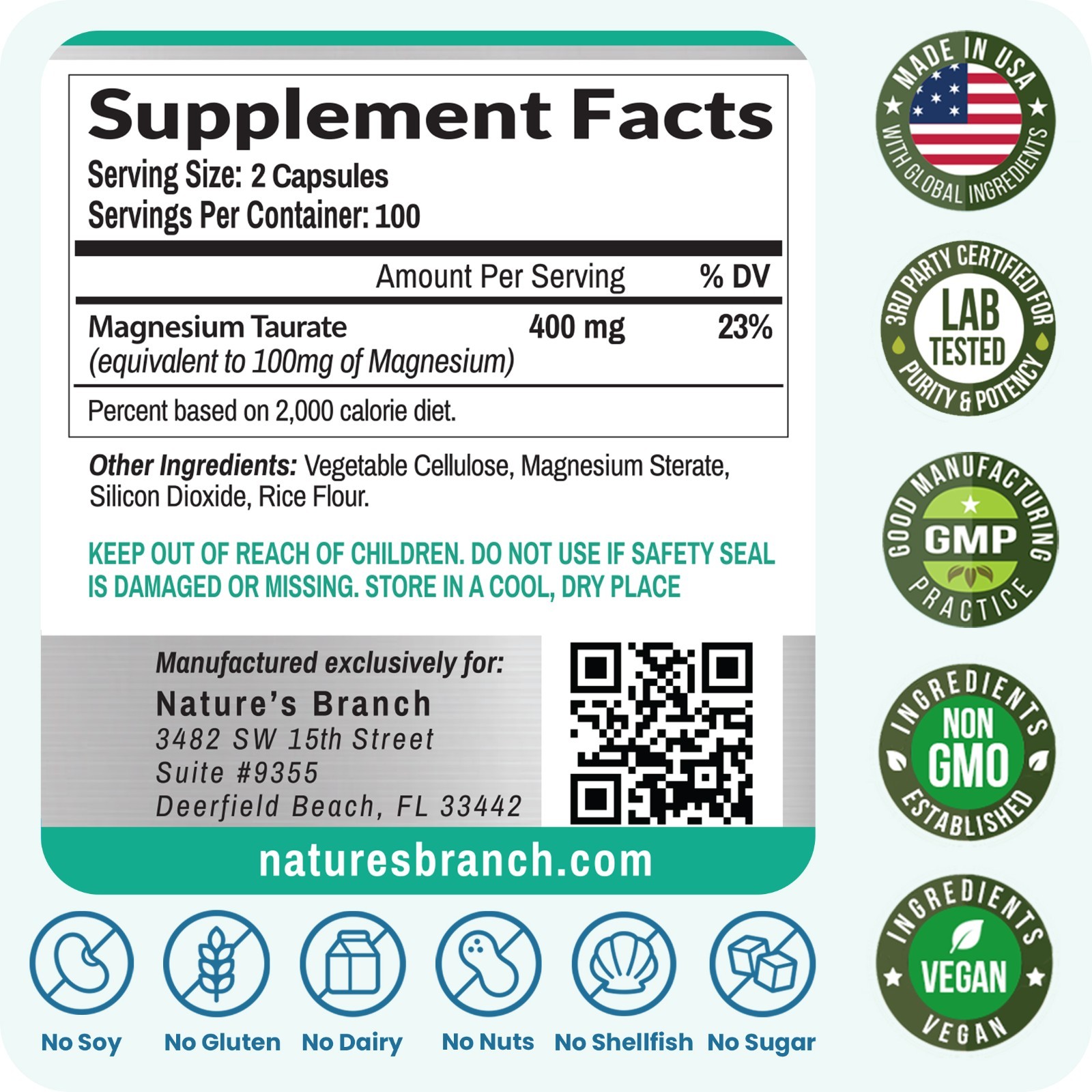MAGNESIUM TAURATE 400 MG – 200 Casules – High Absorption | Non-GMO | Made in USA
