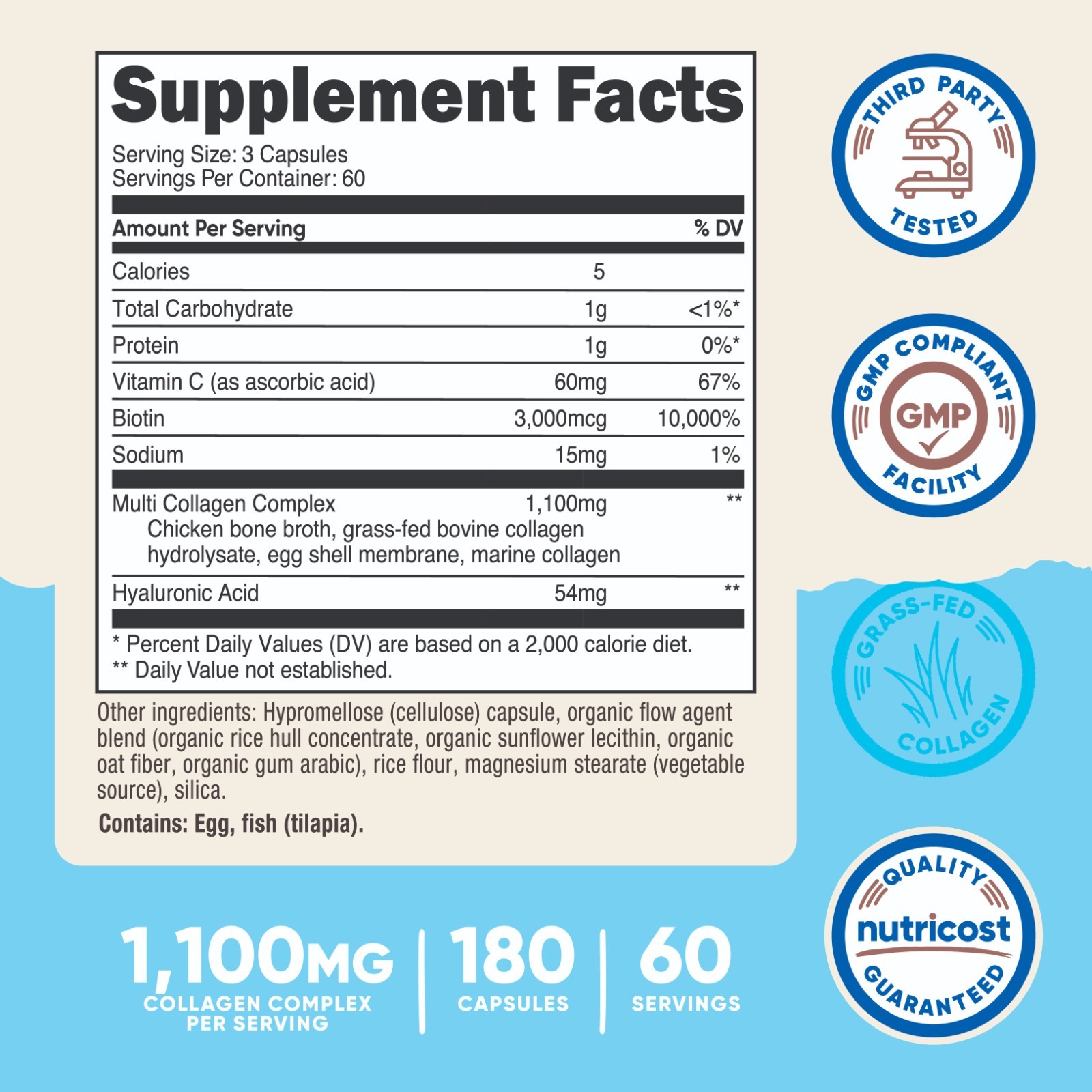 Nutricost Multi Collagen (1100mg) 180 Capsules – with Biotin, 60 Servings