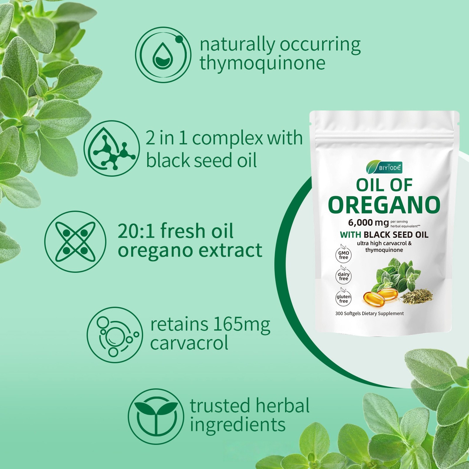 1-3pcs Oregano Oil Capsules 300 Count 1000mg Oil of Oregano with Black Seed oil