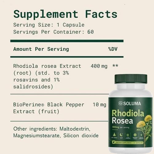 Soluma Rhodiola Rosea, 400mg Per Serving features Bioperine, 60 Capsules 1-3 pac