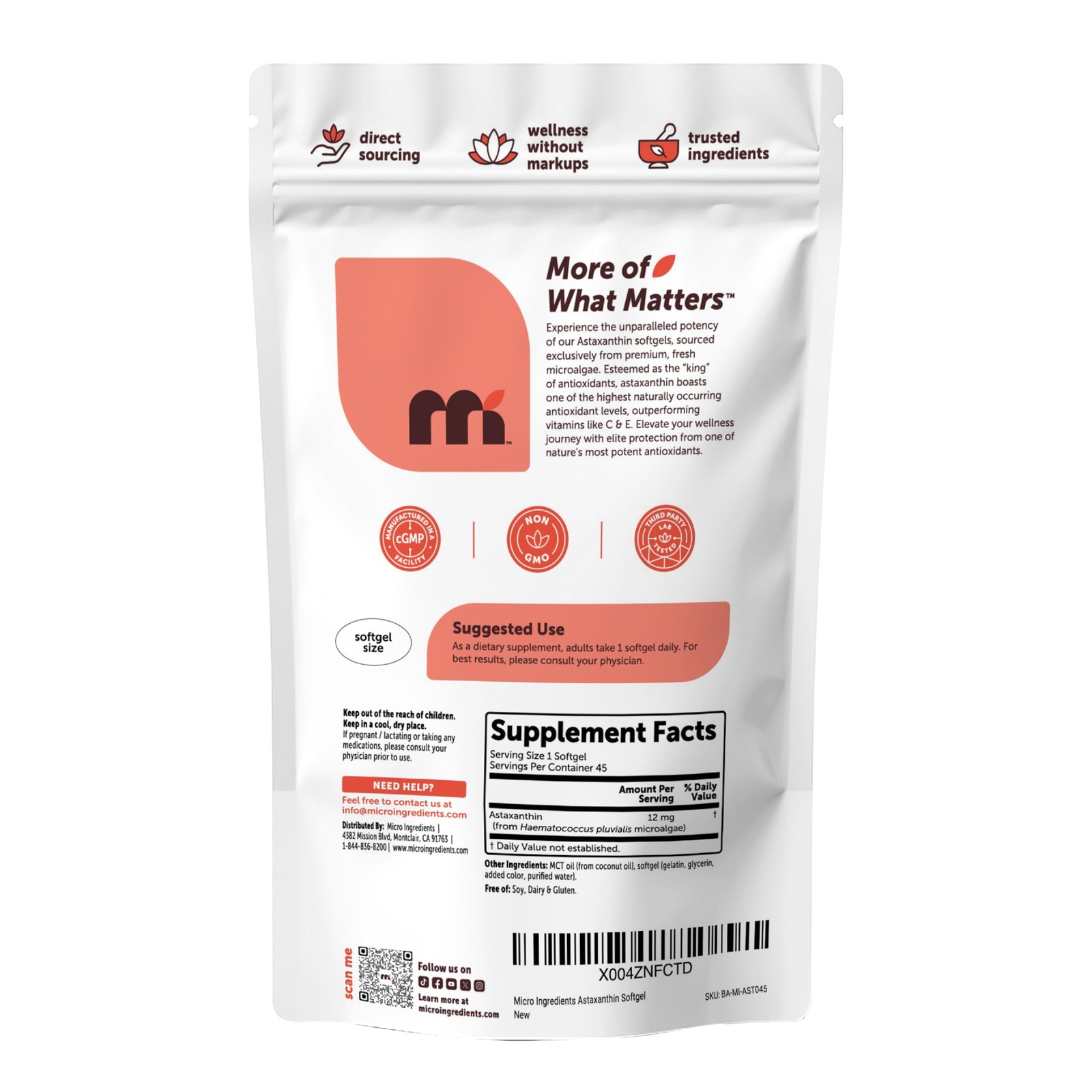Micro Ingredients Astaxanthin 12mg Per Serving with MCT Oil, 45 Softgels |