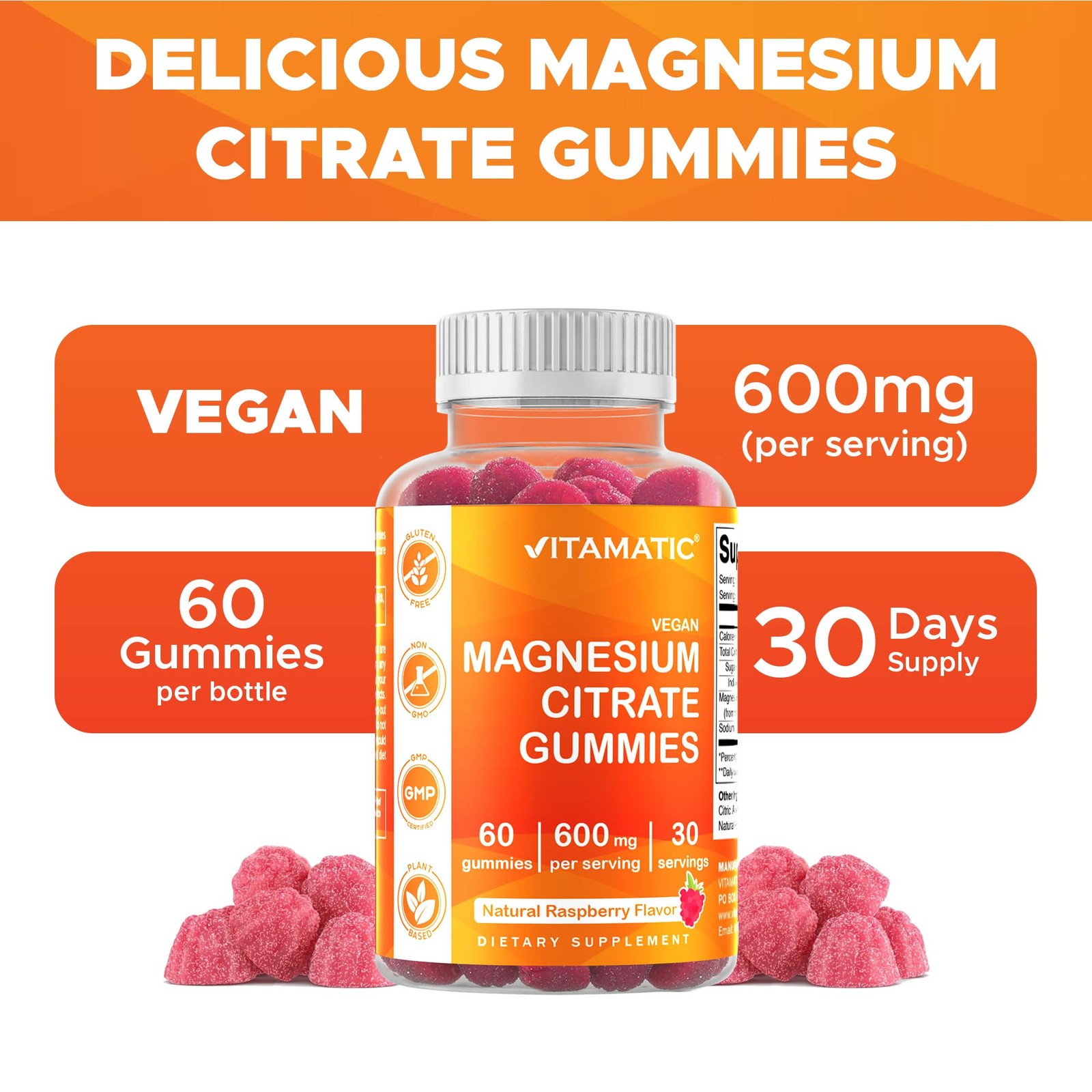 Vitamatic Magnesium Gummies 600mg per Serving – 60 Vegan 60 Count (Pack of 3)