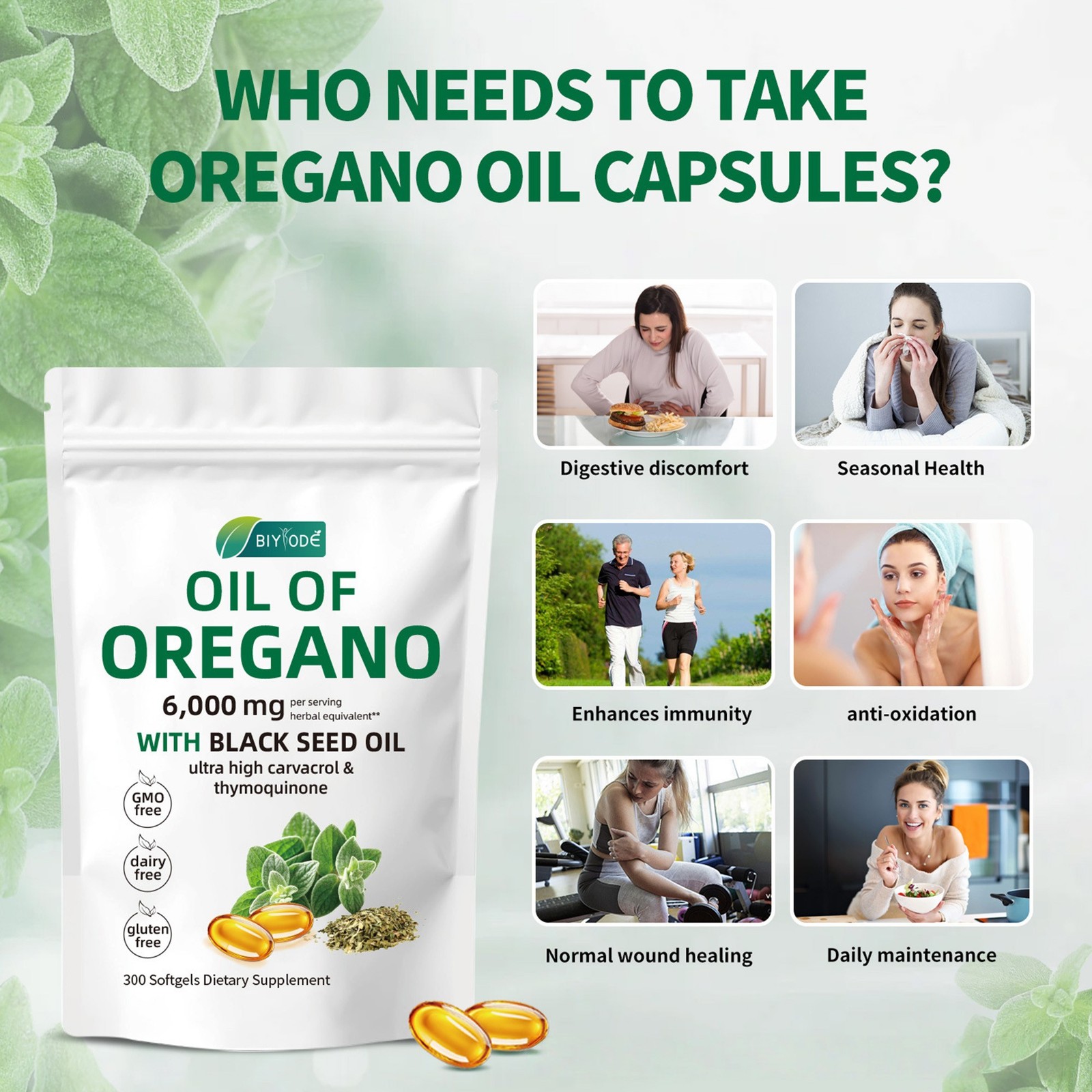 1-3pcs Oregano Oil Capsules 300 Count 1000mg Oil of Oregano with Black Seed oil