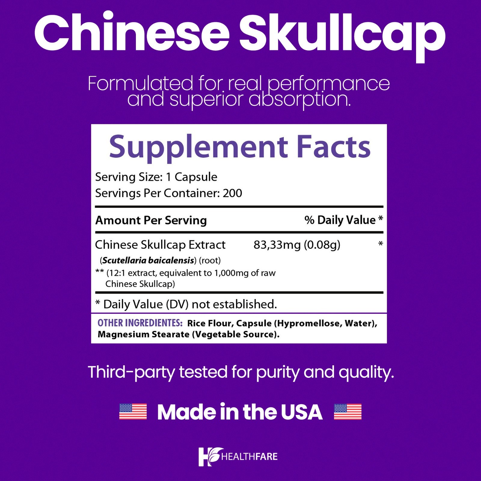 Healthfare Skullcap 1000mg | 200 Capsules | Extra Strength Formula | Non-GMO