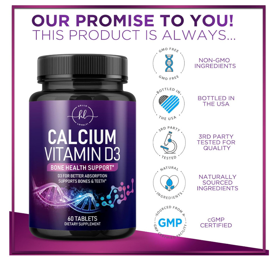 Calcium 1200mg per Serving with Vitamin D3 Bone Teeth Health Supplement 60 Tabs