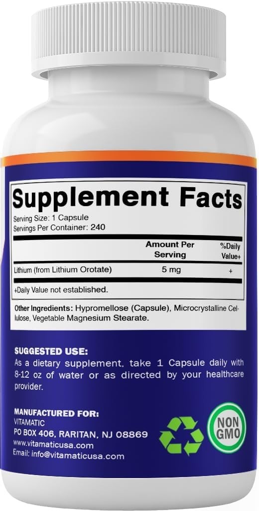 Vitamatic Lithium Orotate 5mg, 240 Veggie Capsules, Non-GMO, Gluten Free.