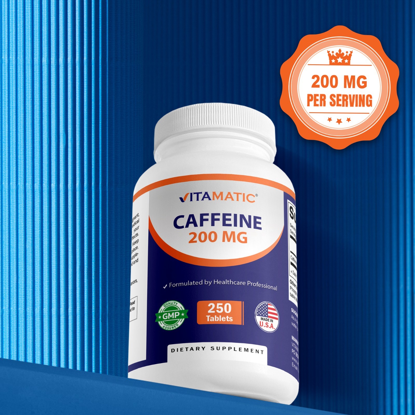 Vitamatic Caffeine Pills 200mg per Serving – 250 Vegetarian Tablets