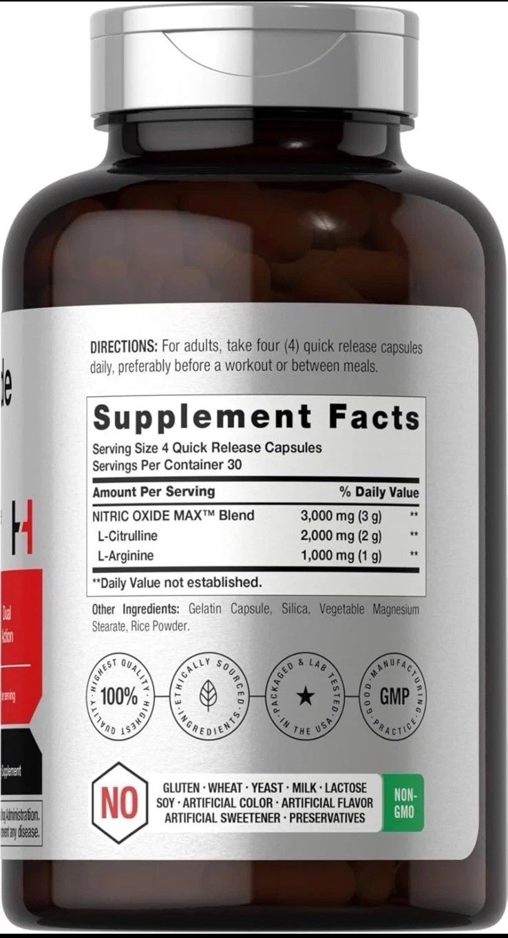 Horbäach Nitric Oxide Max 3600mg w/ Arginine AAKG for Male Performance – 120ct.