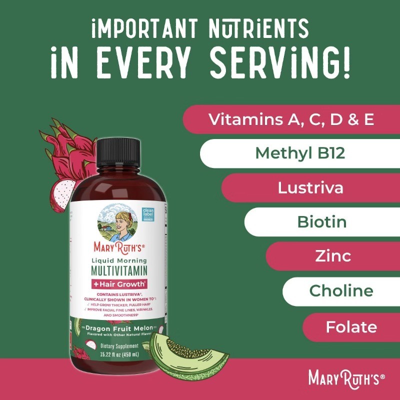 MaryRuth’s Liquid Morning Multivitamin + Hair Growth – Dragonfruit – 15.22 fl oz