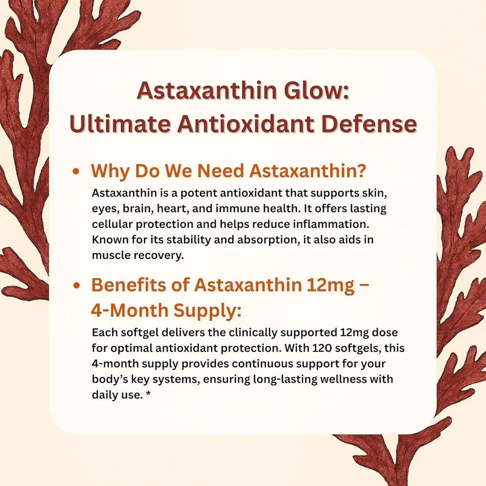 Astaxanthin 12mg Antioxidant Supplements Fresh Microalgae Eye Joint Skin Wellnes