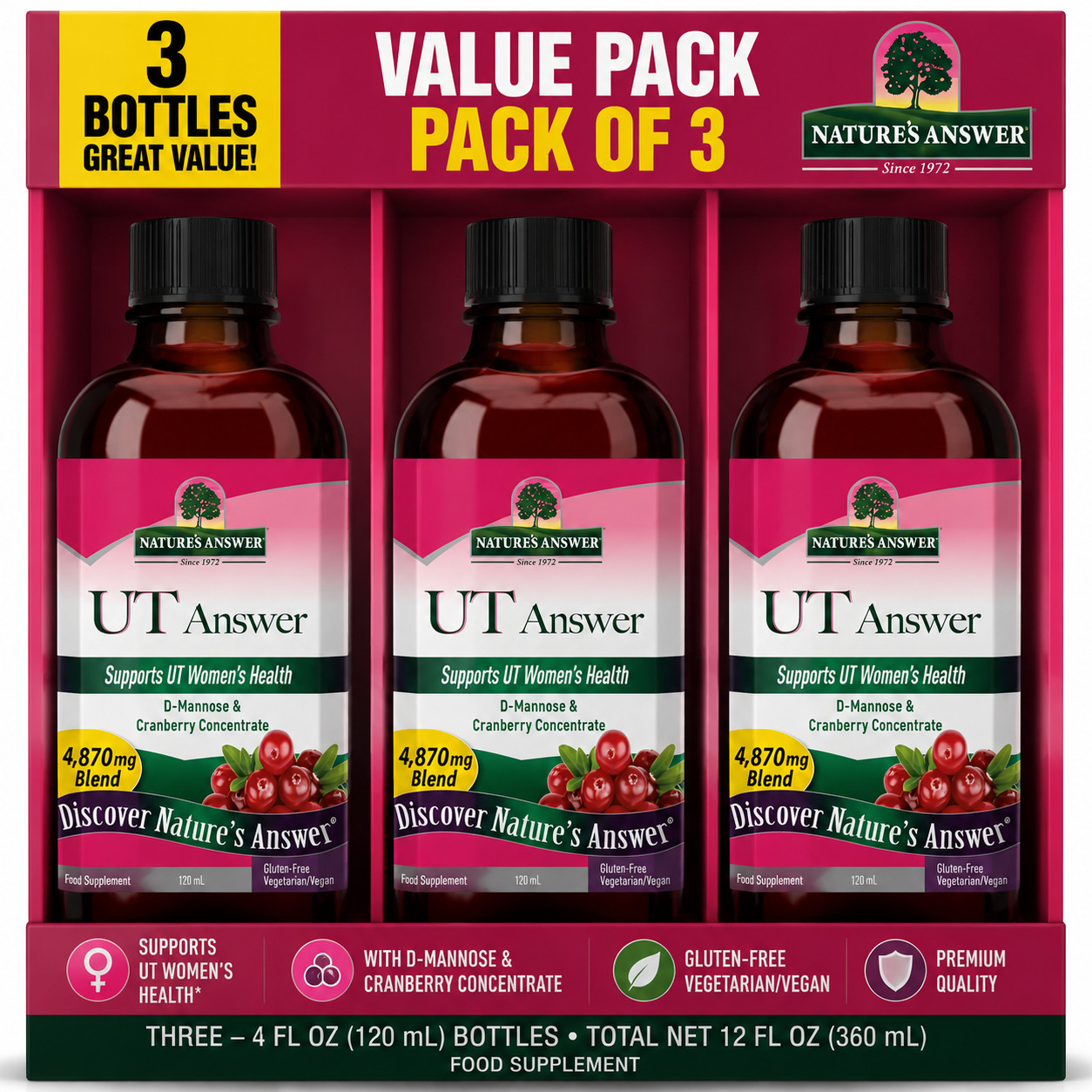 Nature’s Answer UT Answer D-Mannose Cranberry Concentrate – 4 fl oz – Pack of 3