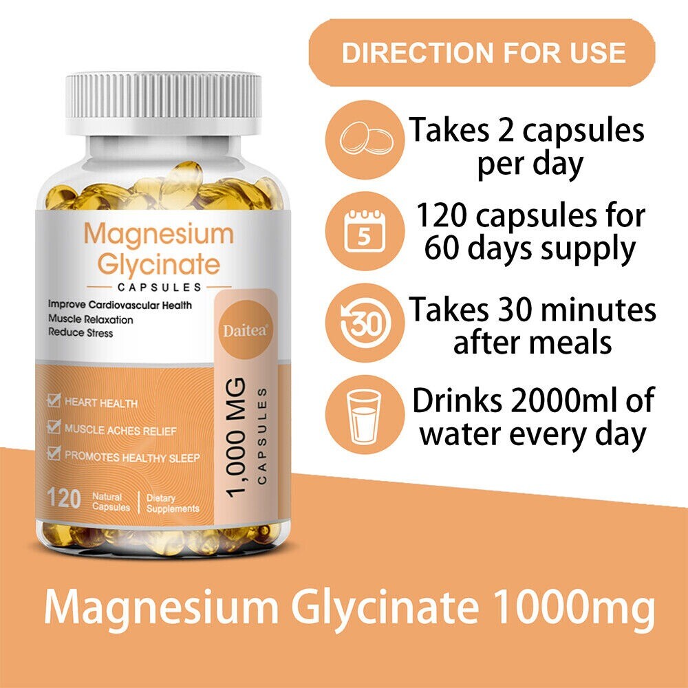 Magnesium Glycinate 1000mg – 30/60/120 Capsules For Sleep, Muscle & Heart Health