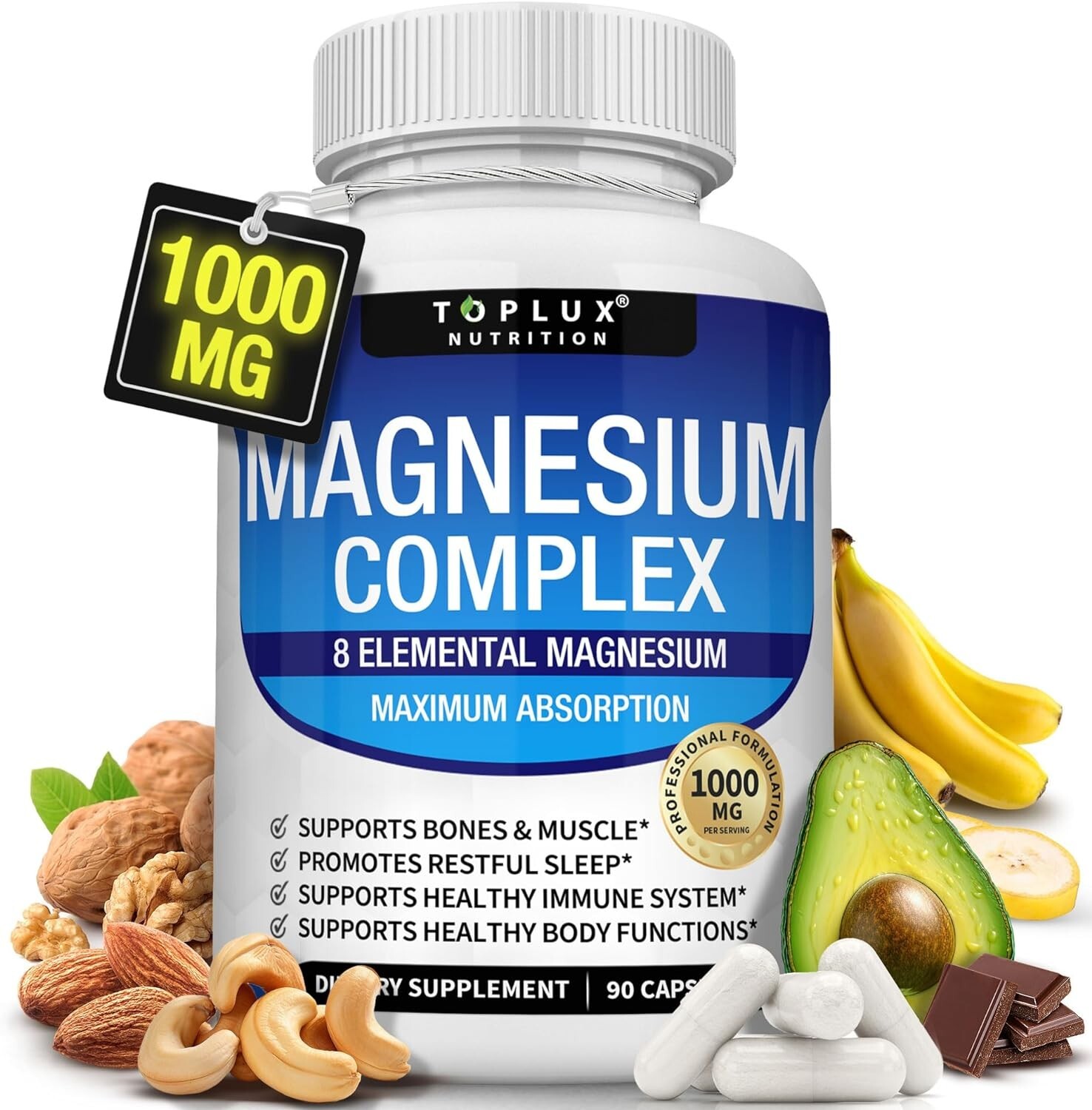 Magnesium Supplement Complex 1000mg, 8 Elemental Magnesium, Gluten-Free- Non-GMO
