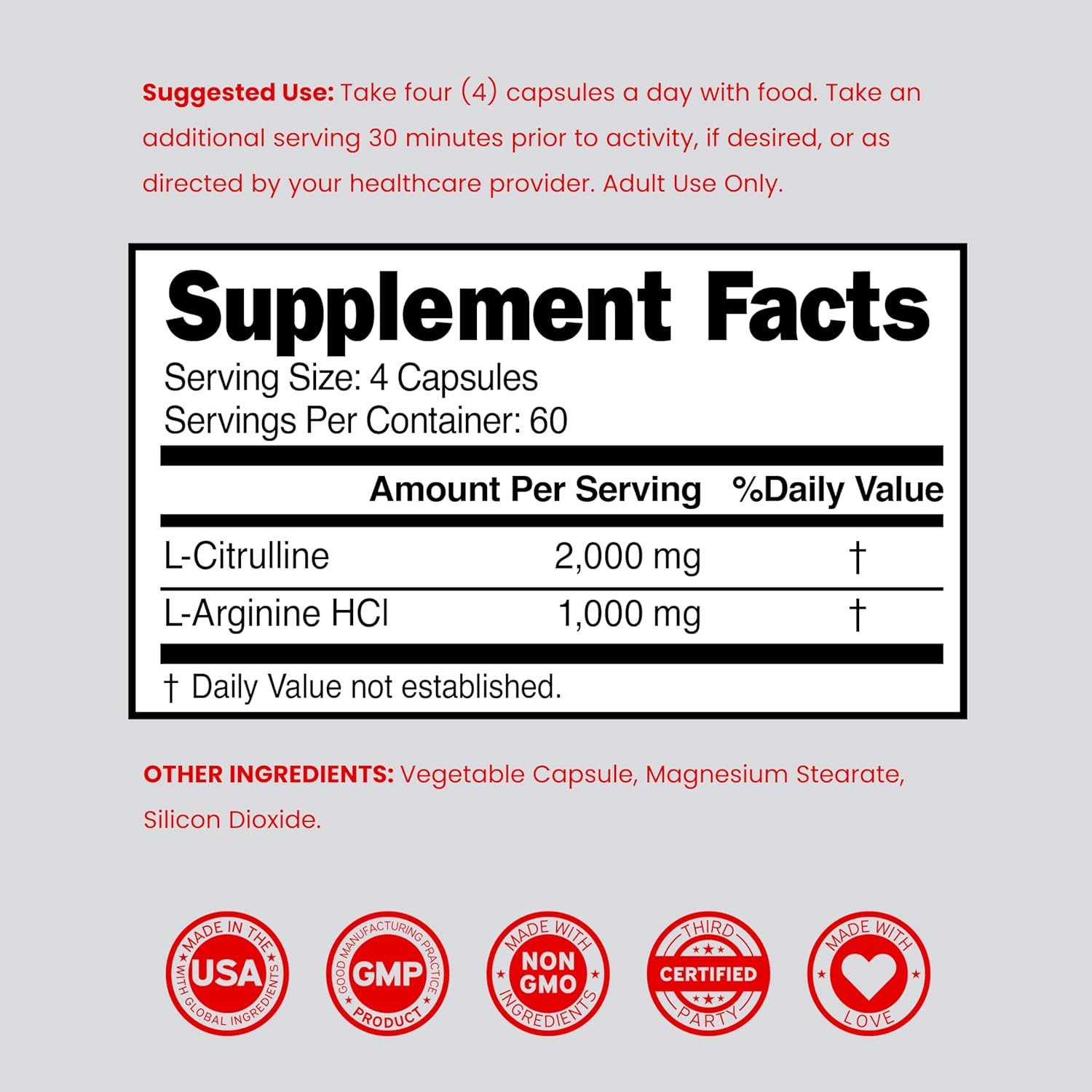 L-Arginine 1000mg L-Citrulline 3000mg 240Caps Amino Acid Non GMO/Gluten Free