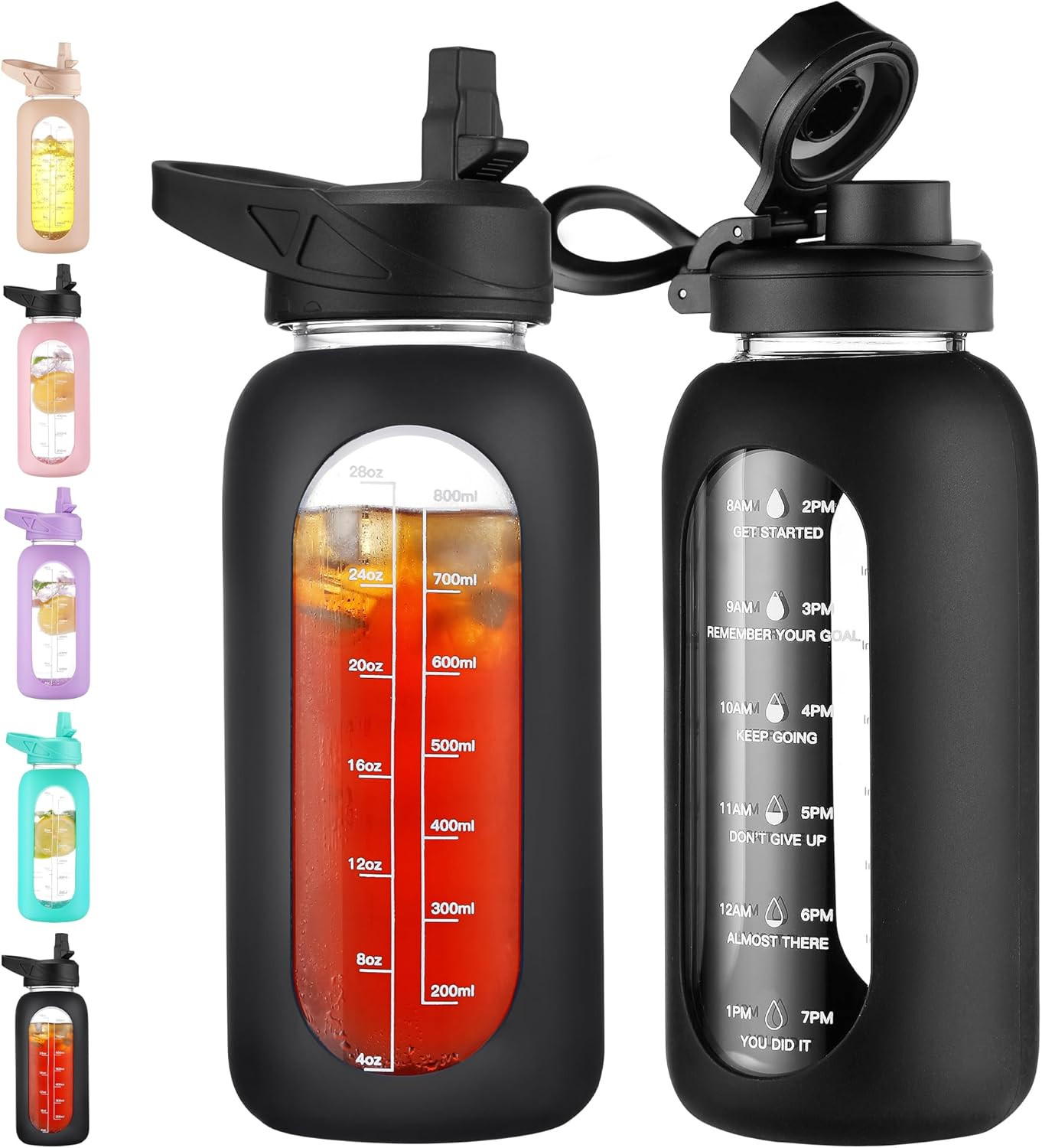 CIVAGO 32 Oz Glass Water Bottle with Straw and Handle, Large Sports Motivational