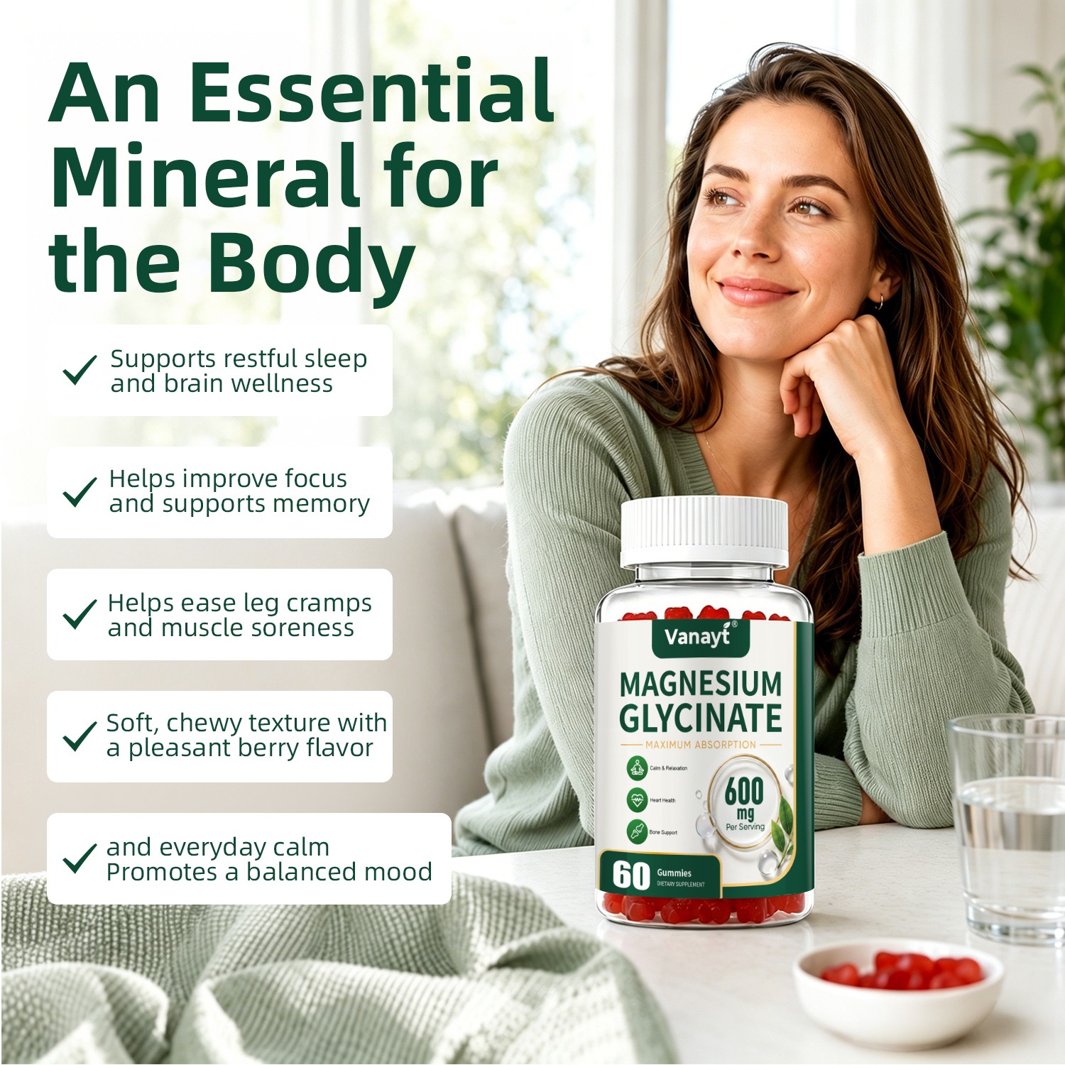 2x Magnesium Glycinate 600mg Advanced Complex 60 Gummy Gluten Free & Non-GMO