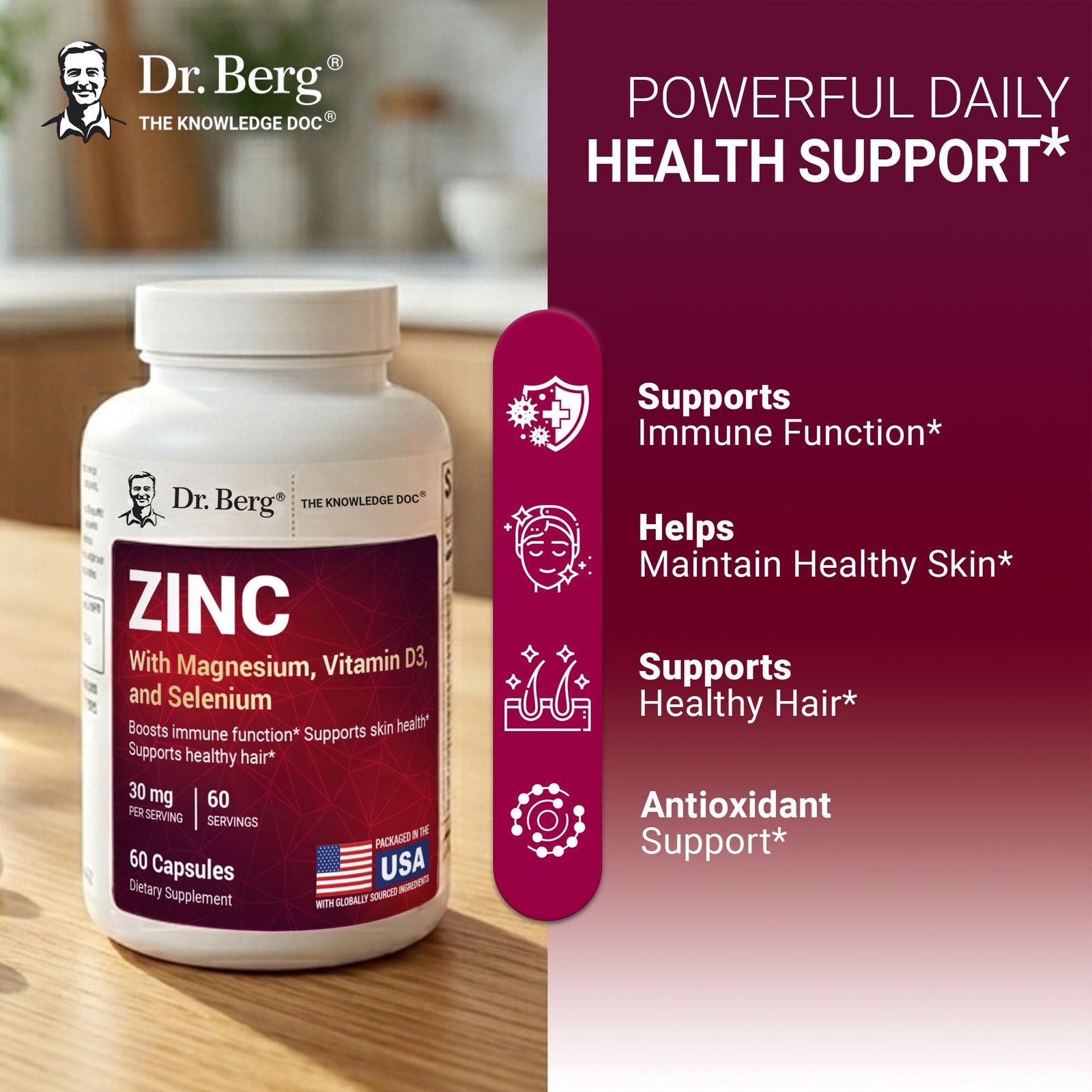 Dr. Berg Zinc 30mg Enhanced with Magnesium, Vitamin D3, 60 Count (Pack of 1)