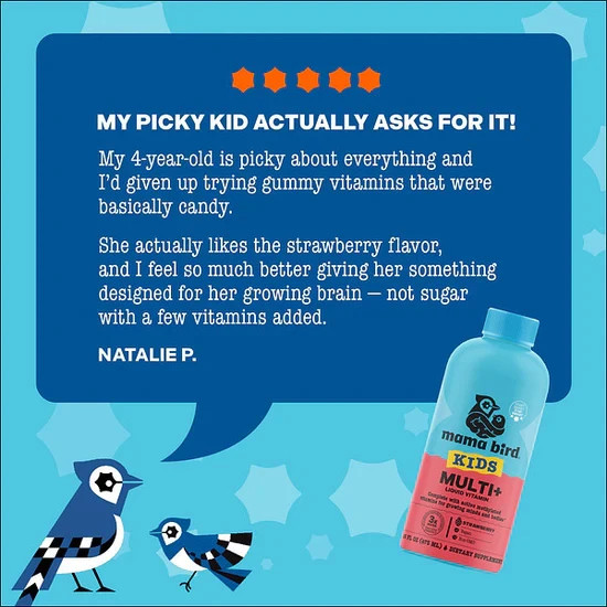 Mama Bird Kids Multi+ Liquid Multivitamin 16 fl oz Strawberry Methylated *NIB￼