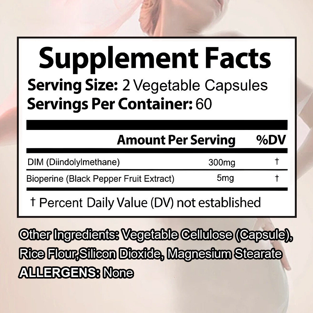 DIM (Diindolylmethane) 300mg, 30/60/120 Capsules with BioPerine 5mg