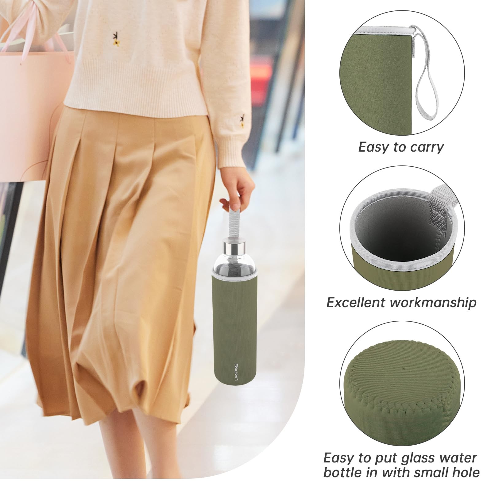 LOOFORE Glass Water Bottles 32 oz, 1 litre 33.8 Ounces, Olive Green