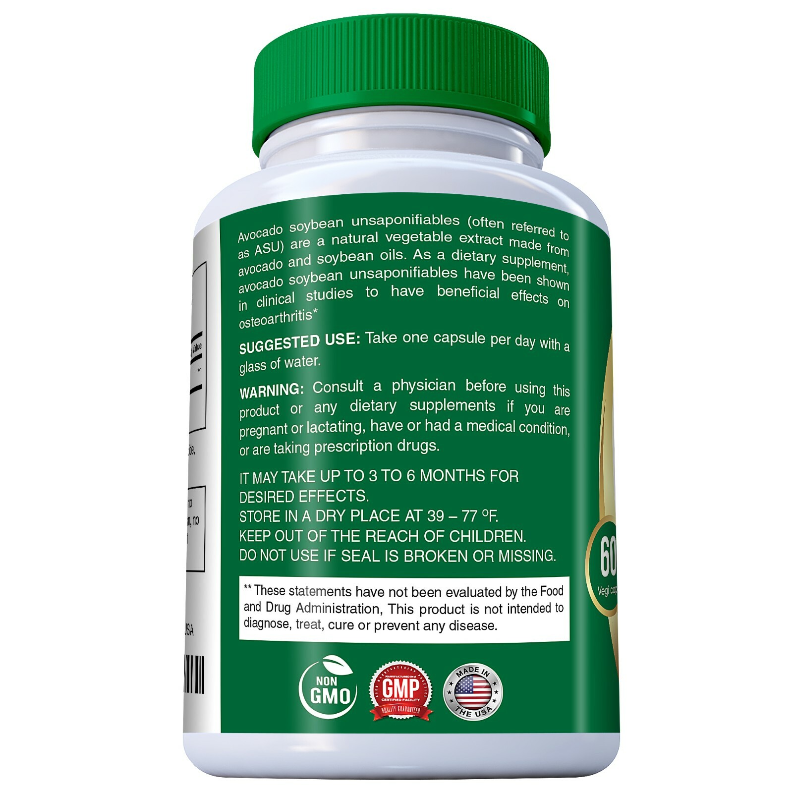 Avocado Soybean Unsaponifiables Joint Health Supplement 400 mg, Non-GMO, Dairy,