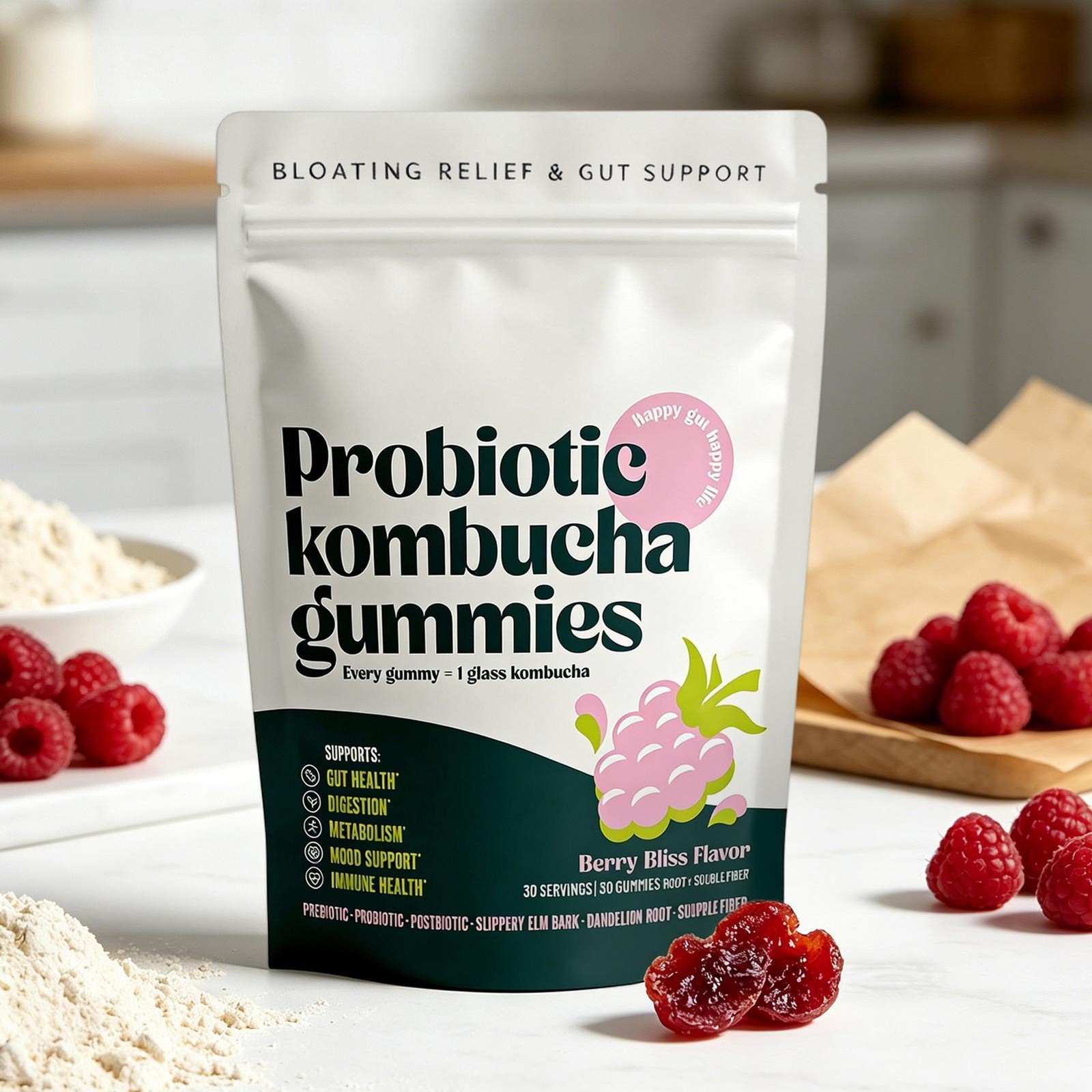 Probiotic Gummy Kombucha – Prebiotics, Fiber Supplement Gut Support 30ct（1-3 PK)