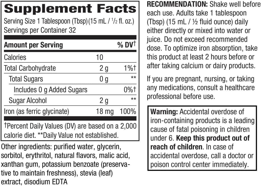 Nature’s Way Liquid Iron Supplement – 18 mg, Sugar-Free, 16 Fl Oz – Berry Flavor